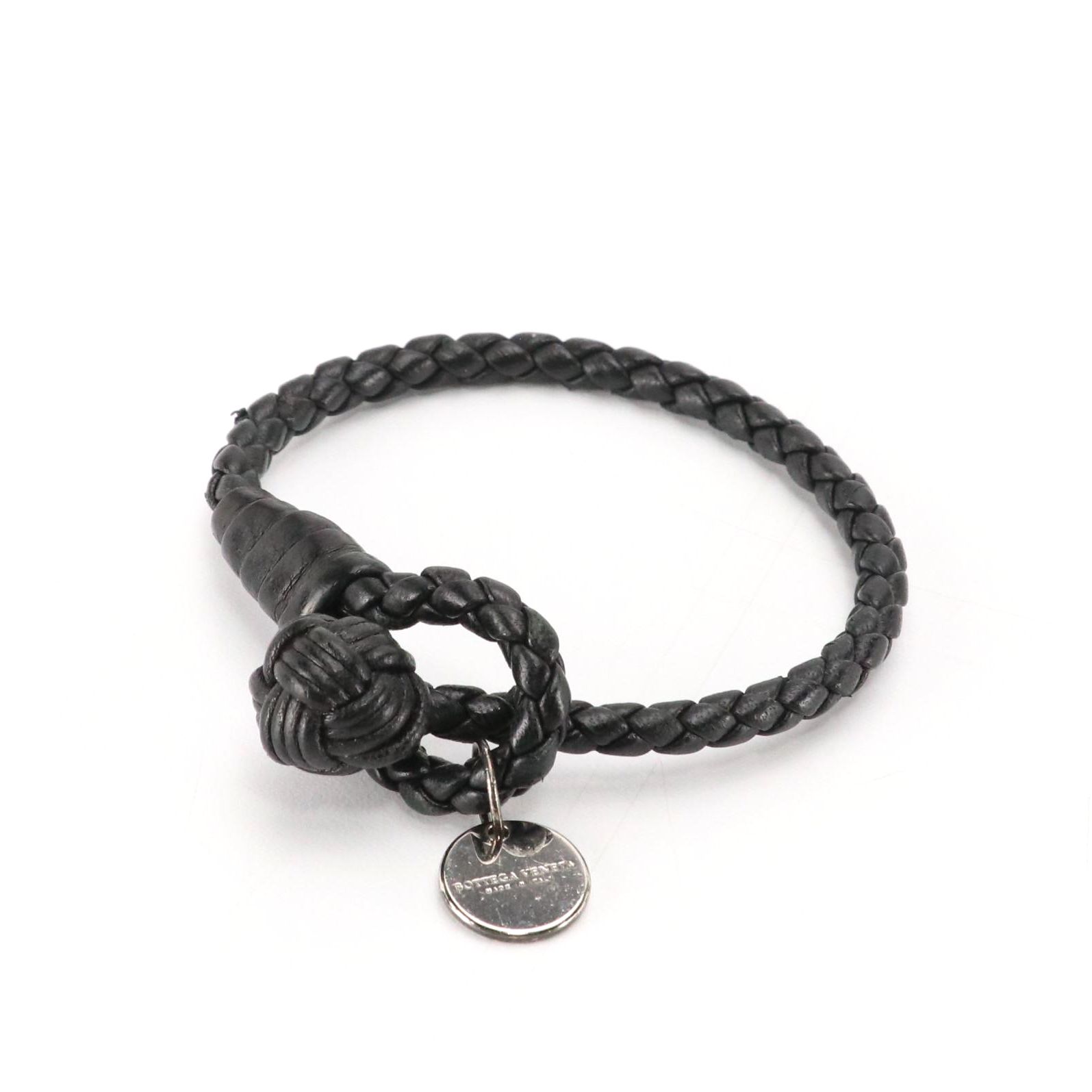Bottega Veneta Knot Bracelet in Braided Leather with Sterling Charm