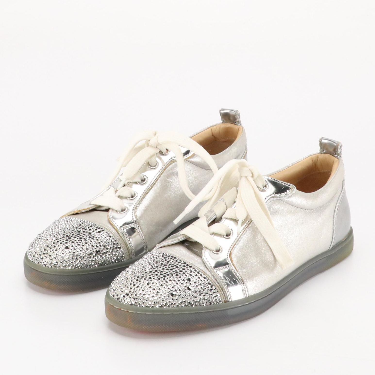 Christian Louboutin Junior Strass Studded Cap-Toe Sneakers in Metallic Calfskin