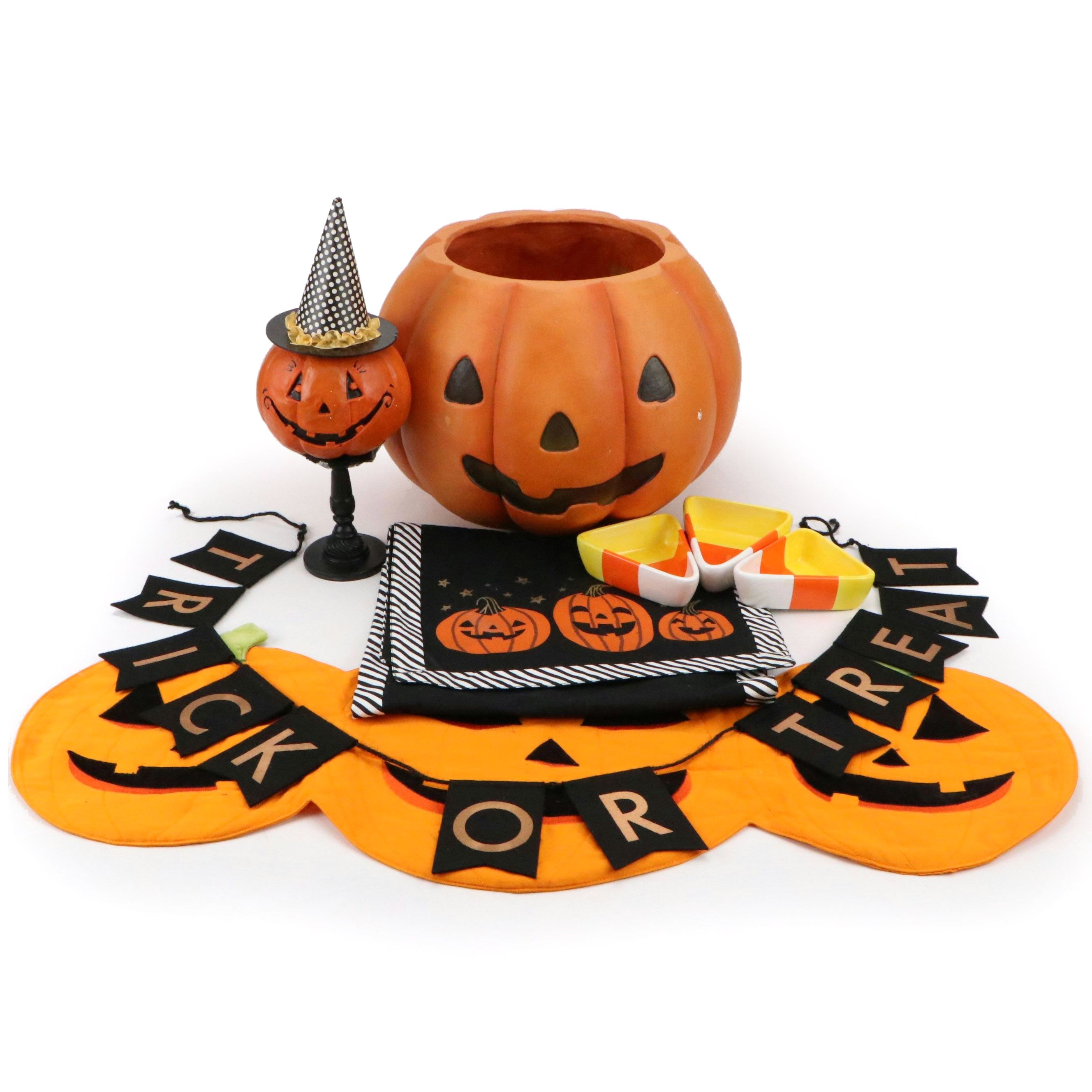 Halloween Plaster Pumpkins, Table Runners, Dishes and Banners