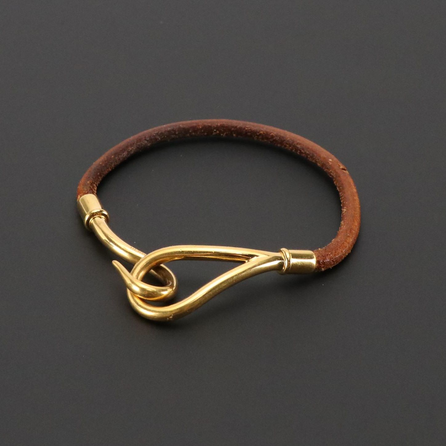 Hermès Gold Plated Jumbo Hook Bracelet in Brown Leather