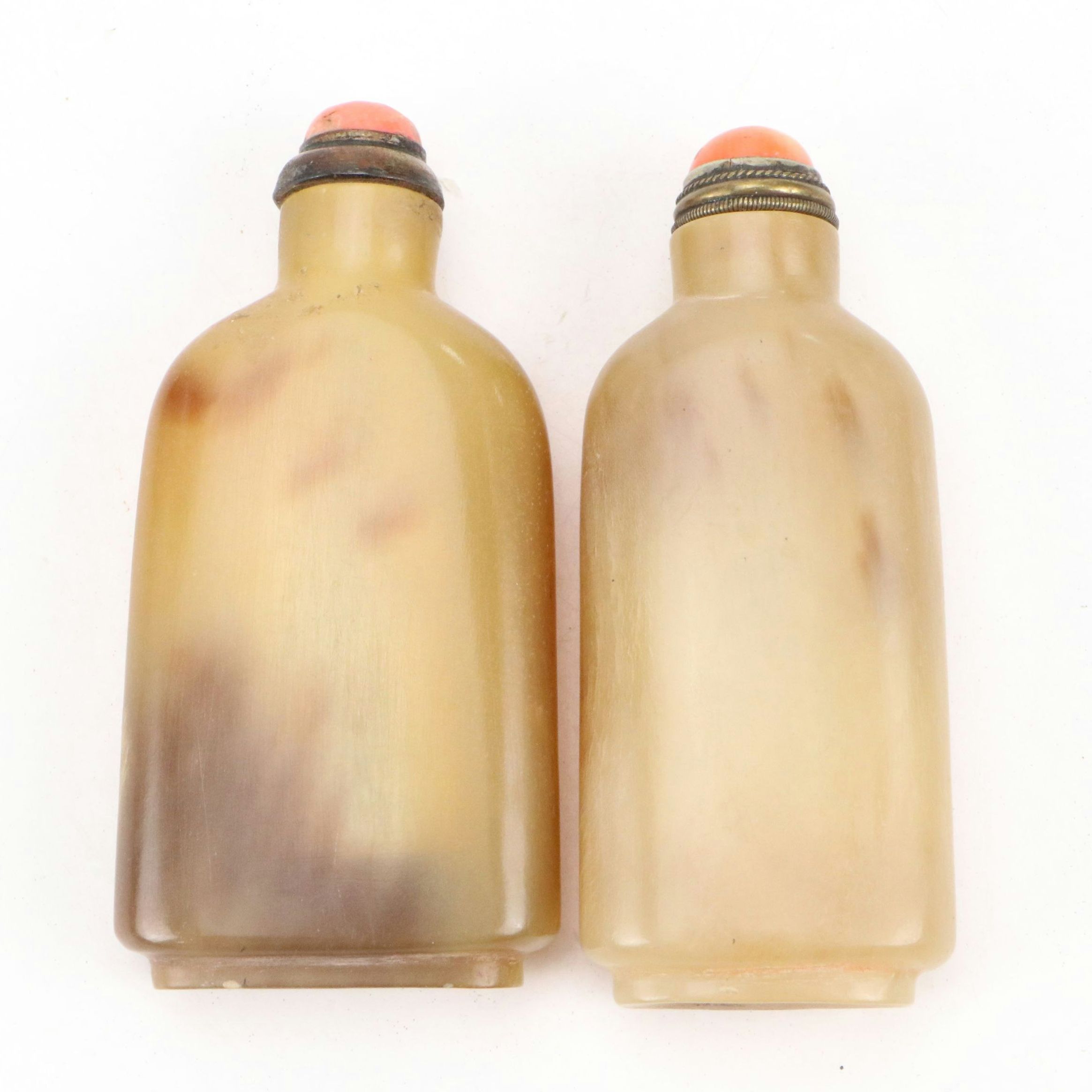 Chinese Horn Snuff Bottles with Coral Cabochon Stoppers
