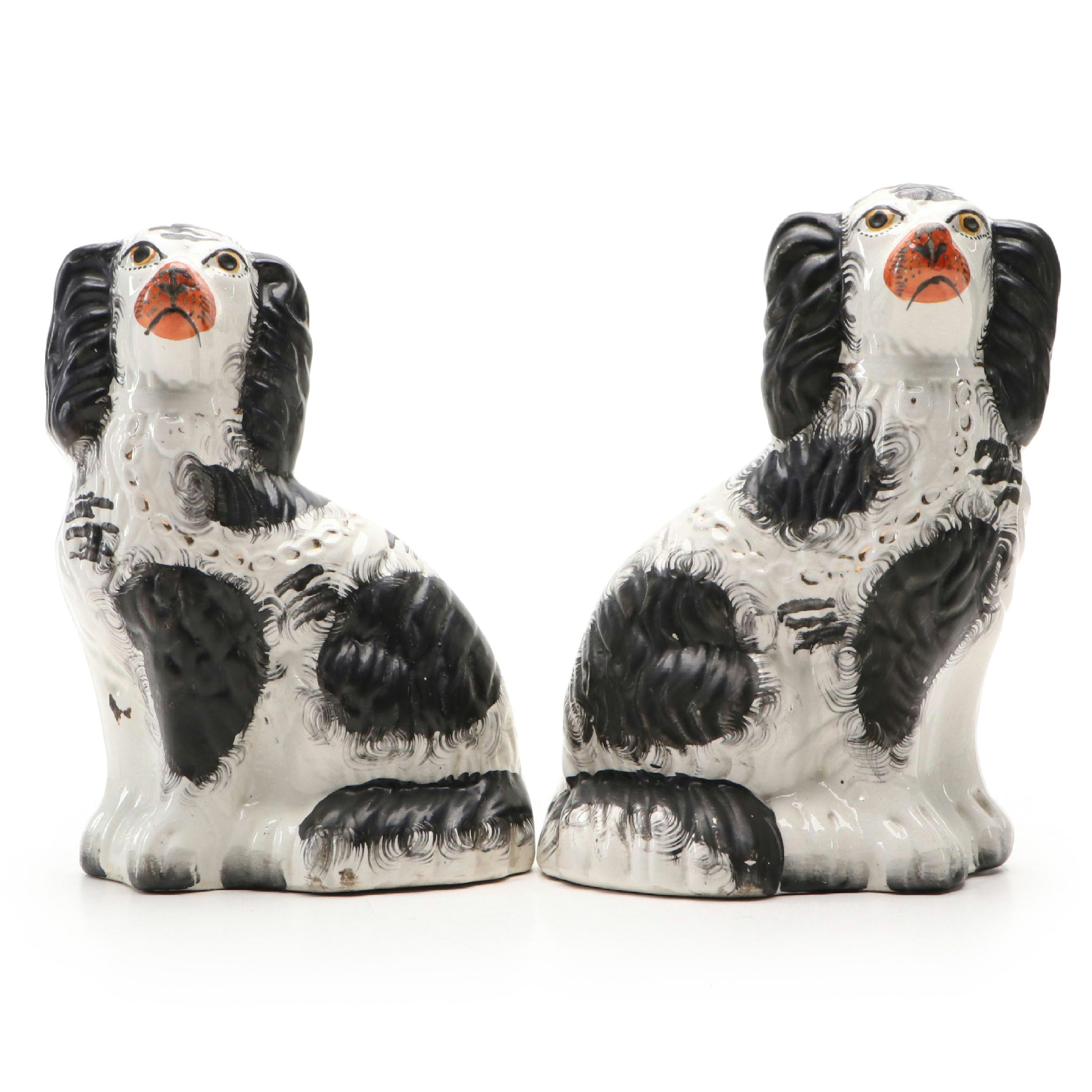 Pair of Staffordshire Black and White Spaniel Figurines, Late 19th Century