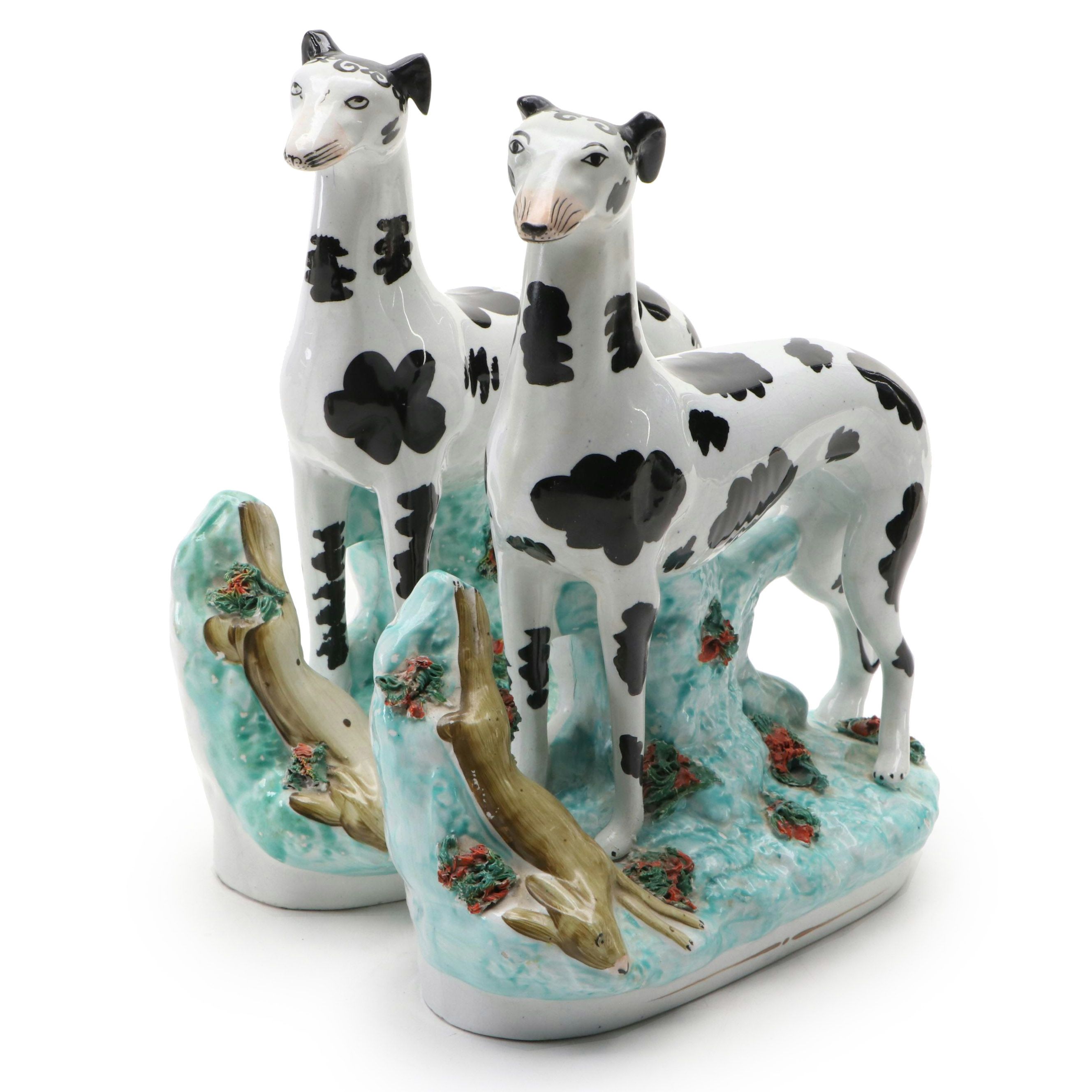 Pair of Staffordshire Disraeli Curl Greyhounds, Mid to Late 19th Century