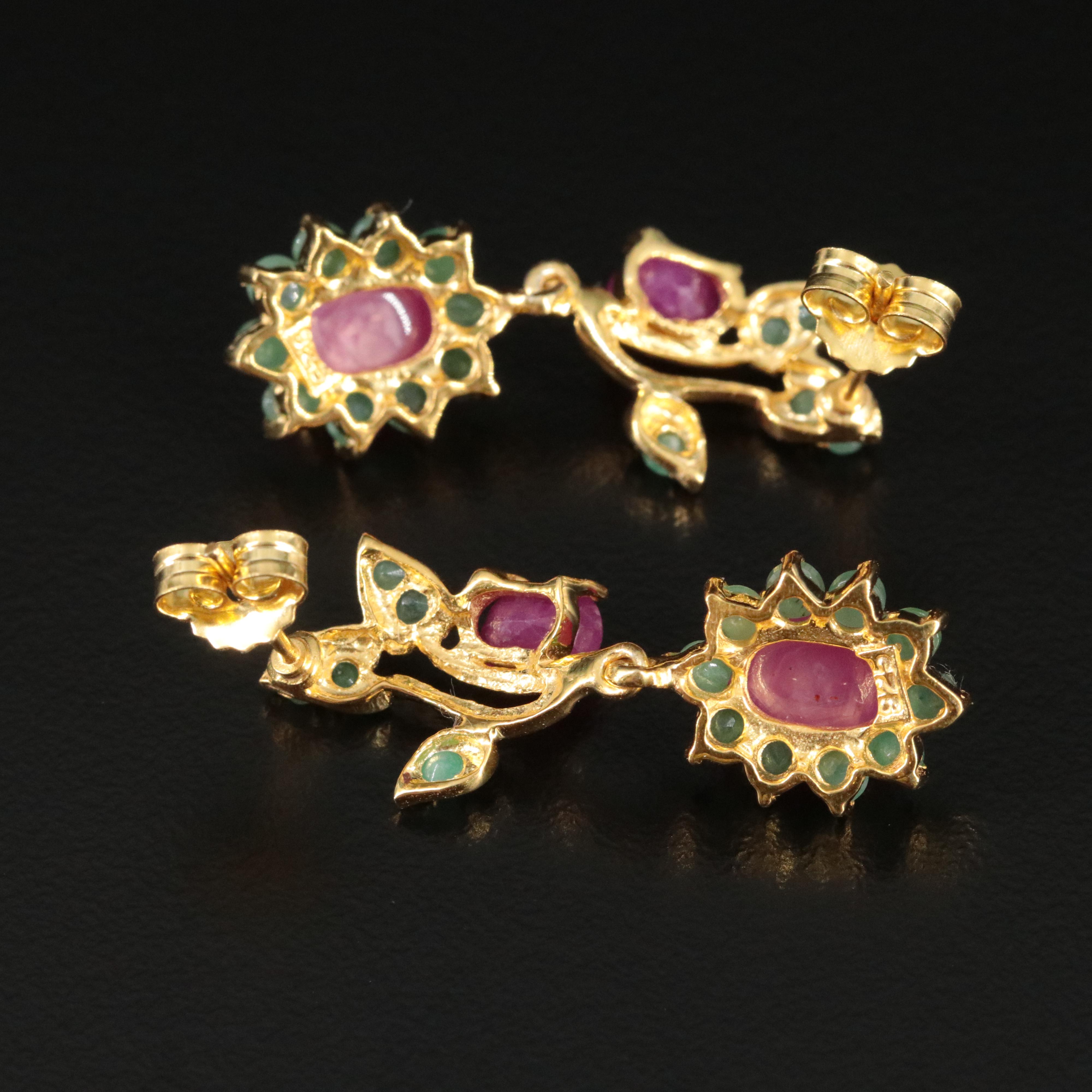 Corundum and Emerald Floral Drop Earrings