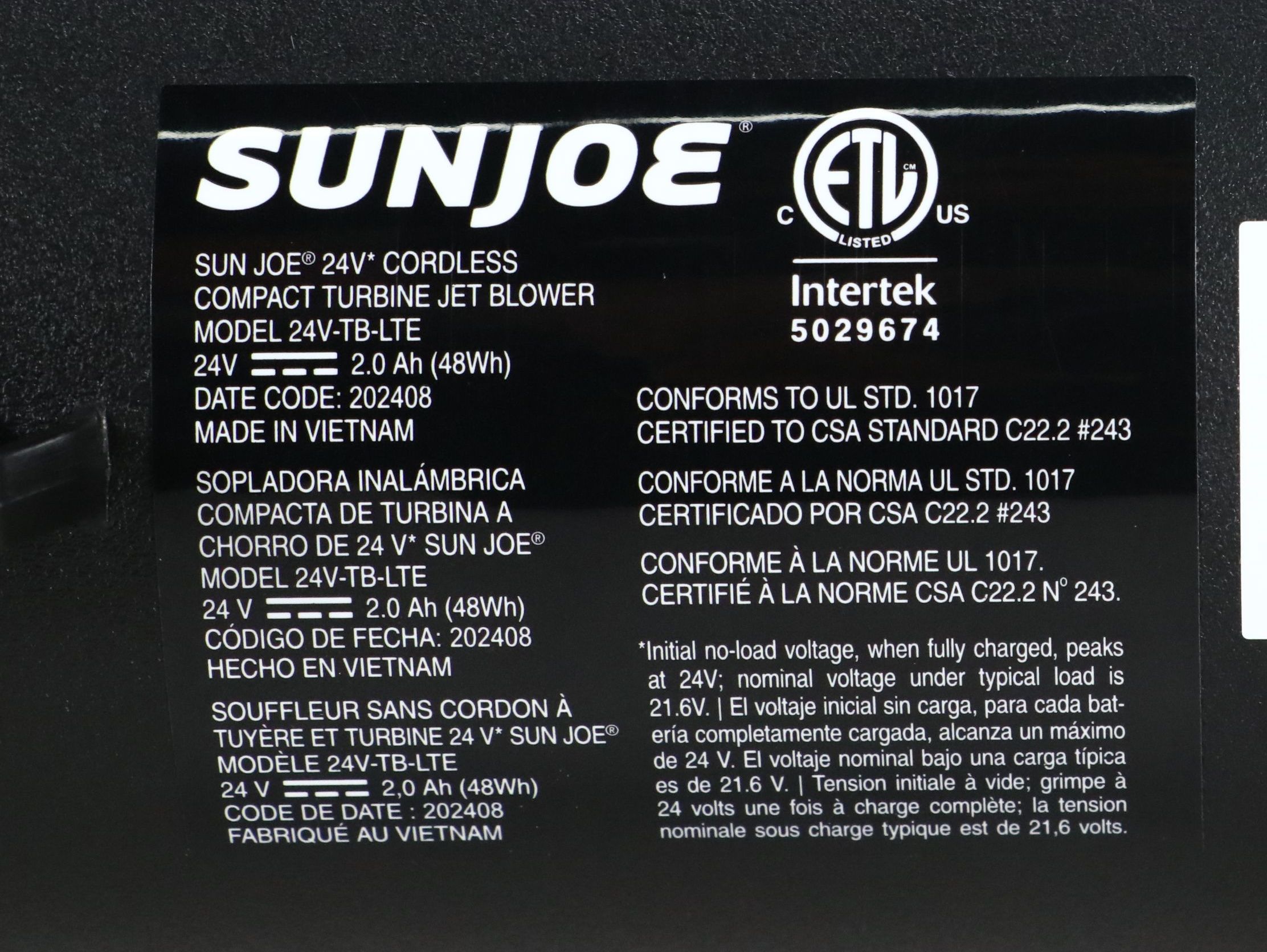 Sun Joe 24V Cordless Compact Turbine Jet Blower