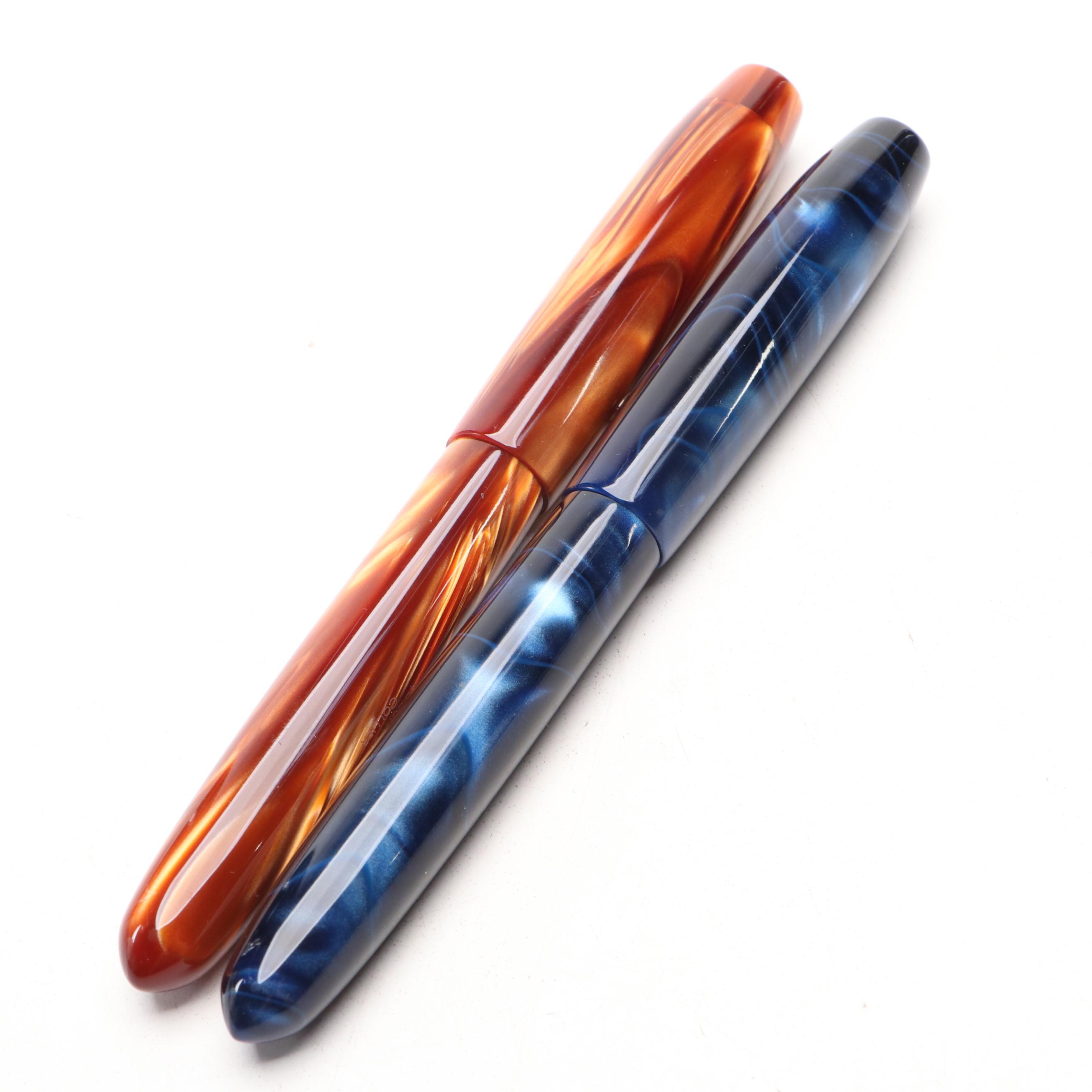 Edison "Collier" Blue and Brown Acrylic Fountain Pens with 18K Gold Nibs