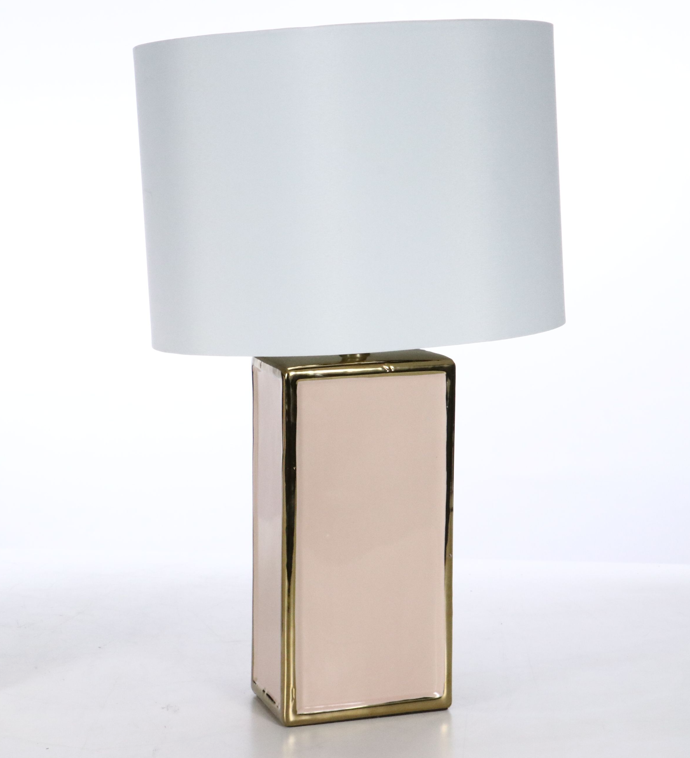 Pink and Gilt Ceramic Table Lamp Pair with Drum Shades