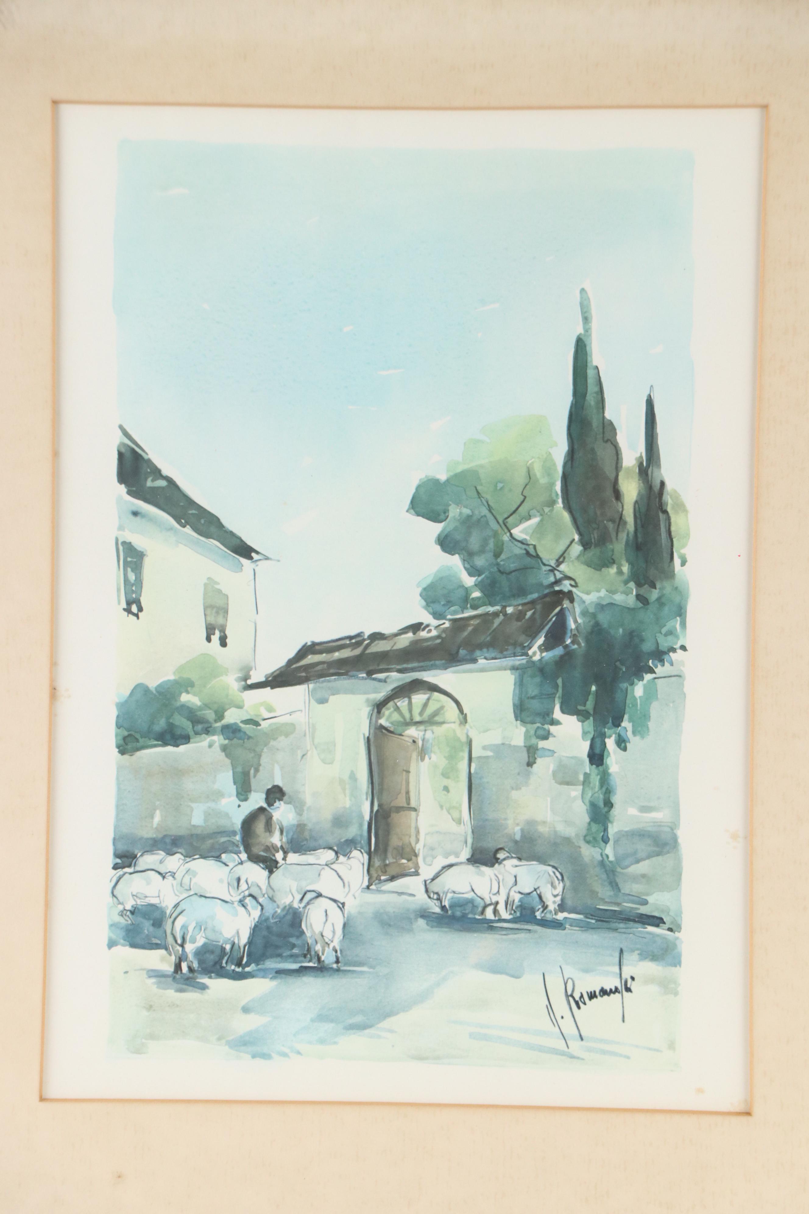 Offset Lithograph of Mediterranean Village Scene, Mid-20th Century
