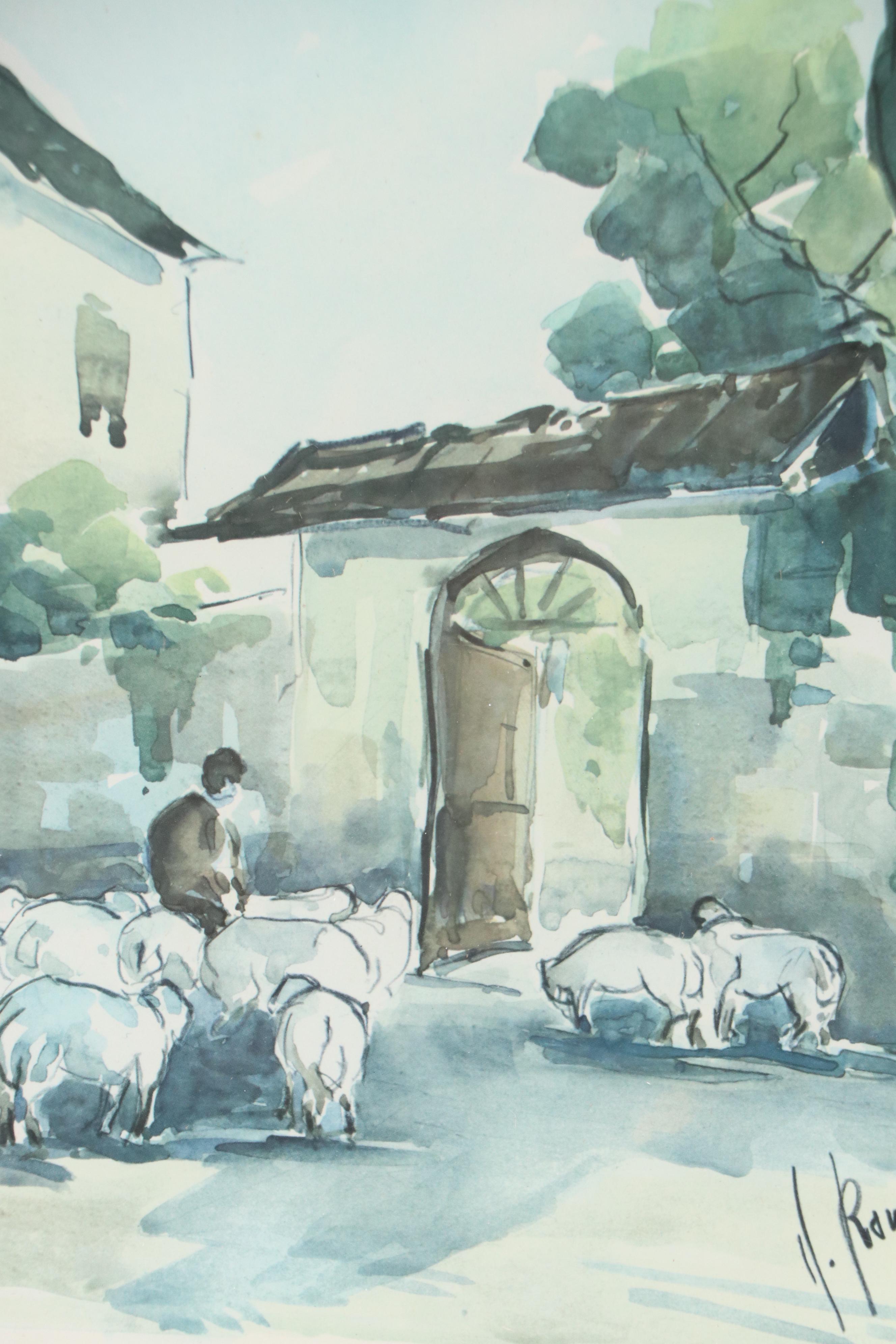 Offset Lithograph of Mediterranean Village Scene, Mid-20th Century