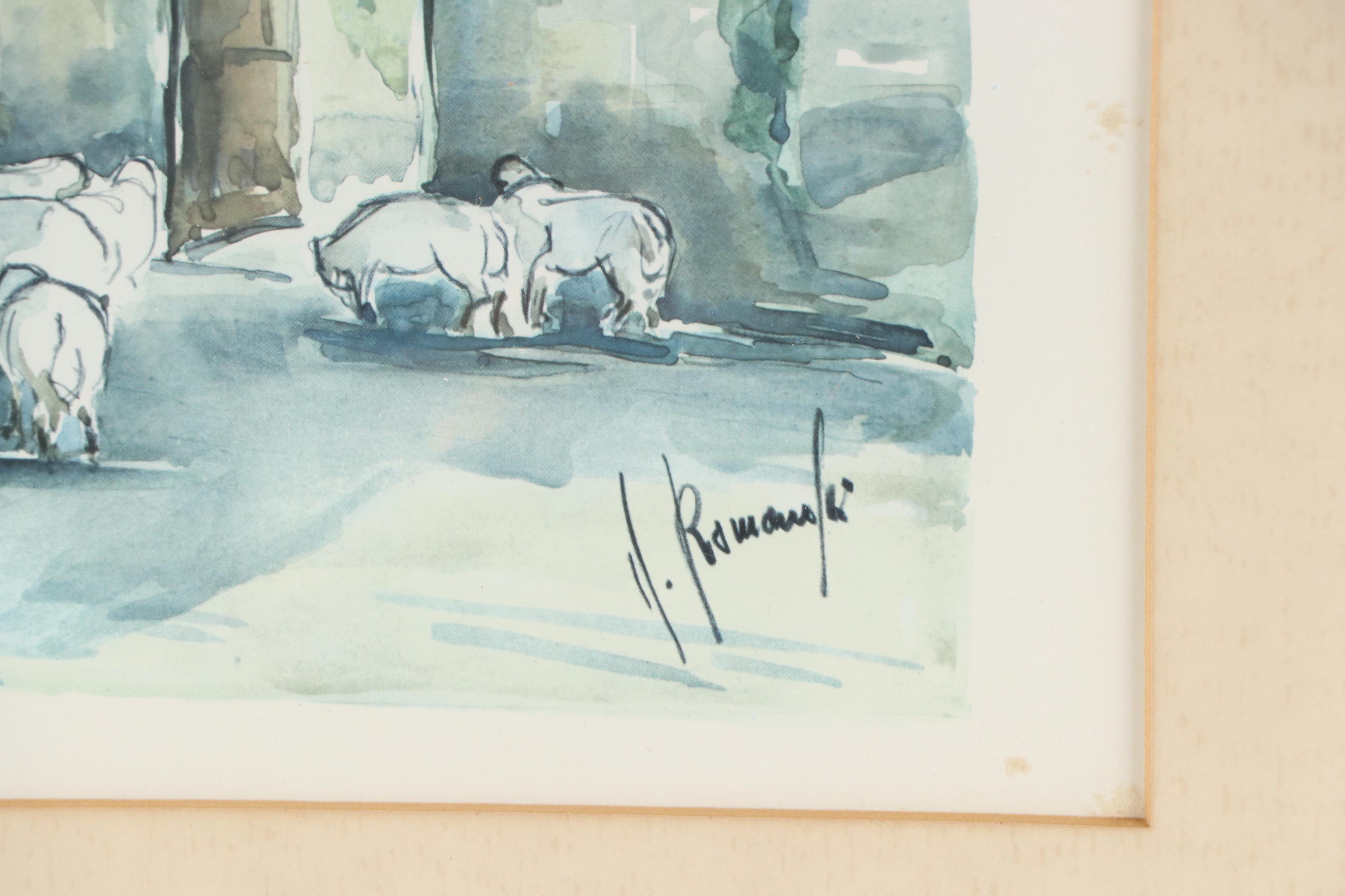 Offset Lithograph of Mediterranean Village Scene, Mid-20th Century