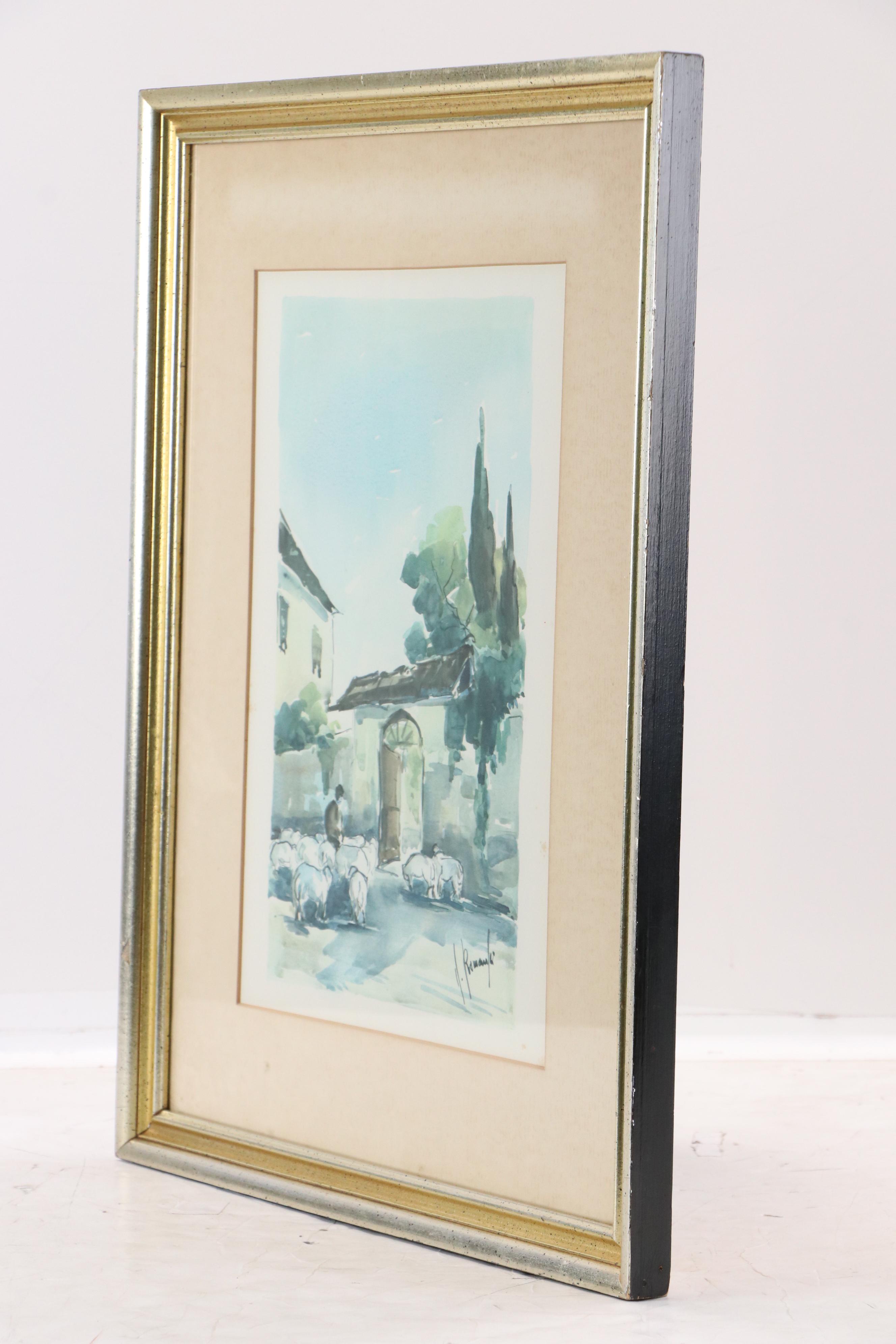 Offset Lithograph of Mediterranean Village Scene, Mid-20th Century