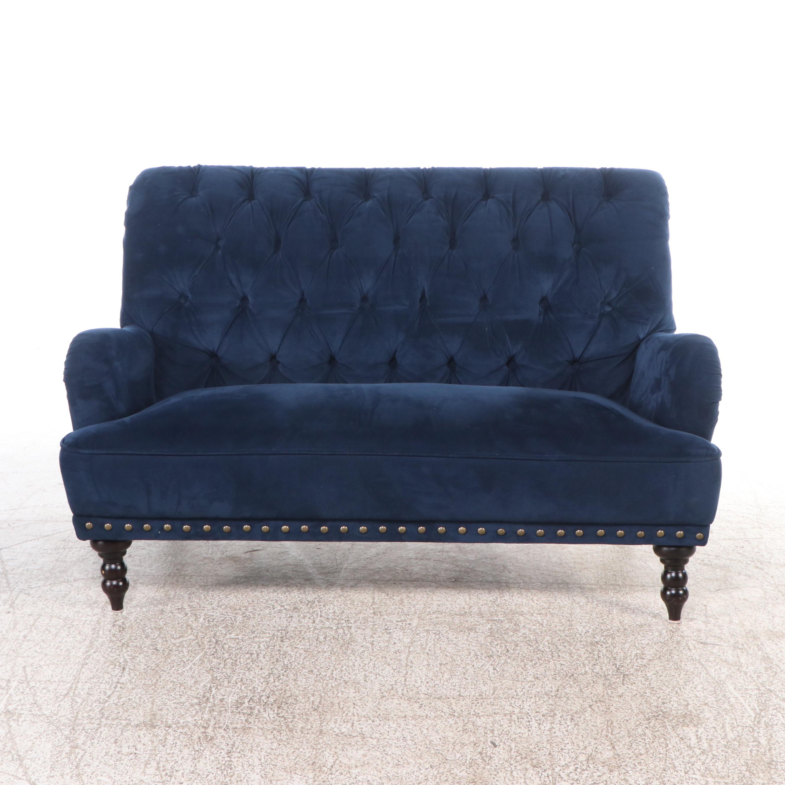 Pair of Pier 1 Blue Velvet Settees with Nailhead Trim