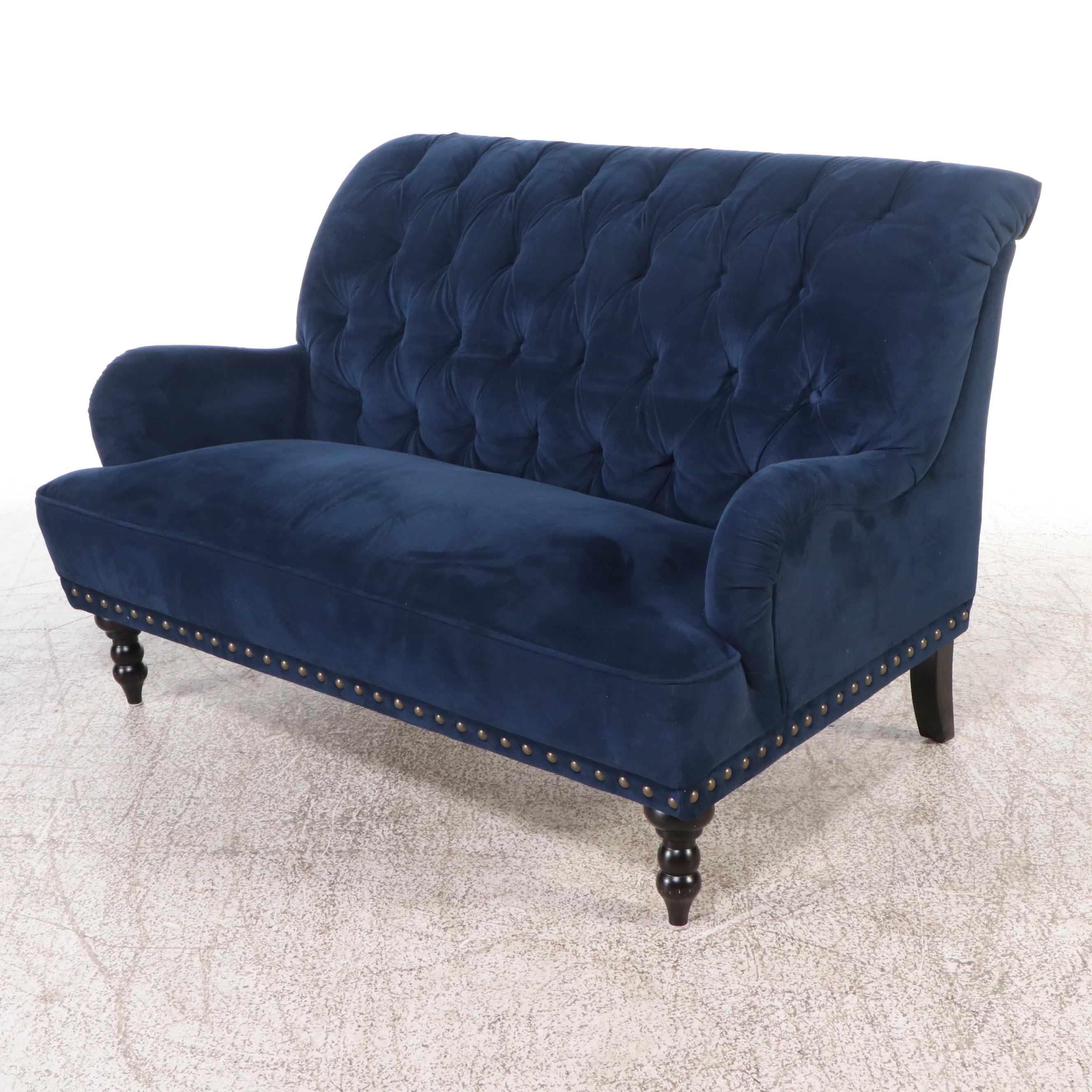 Pair of Pier 1 Blue Velvet Settees with Nailhead Trim