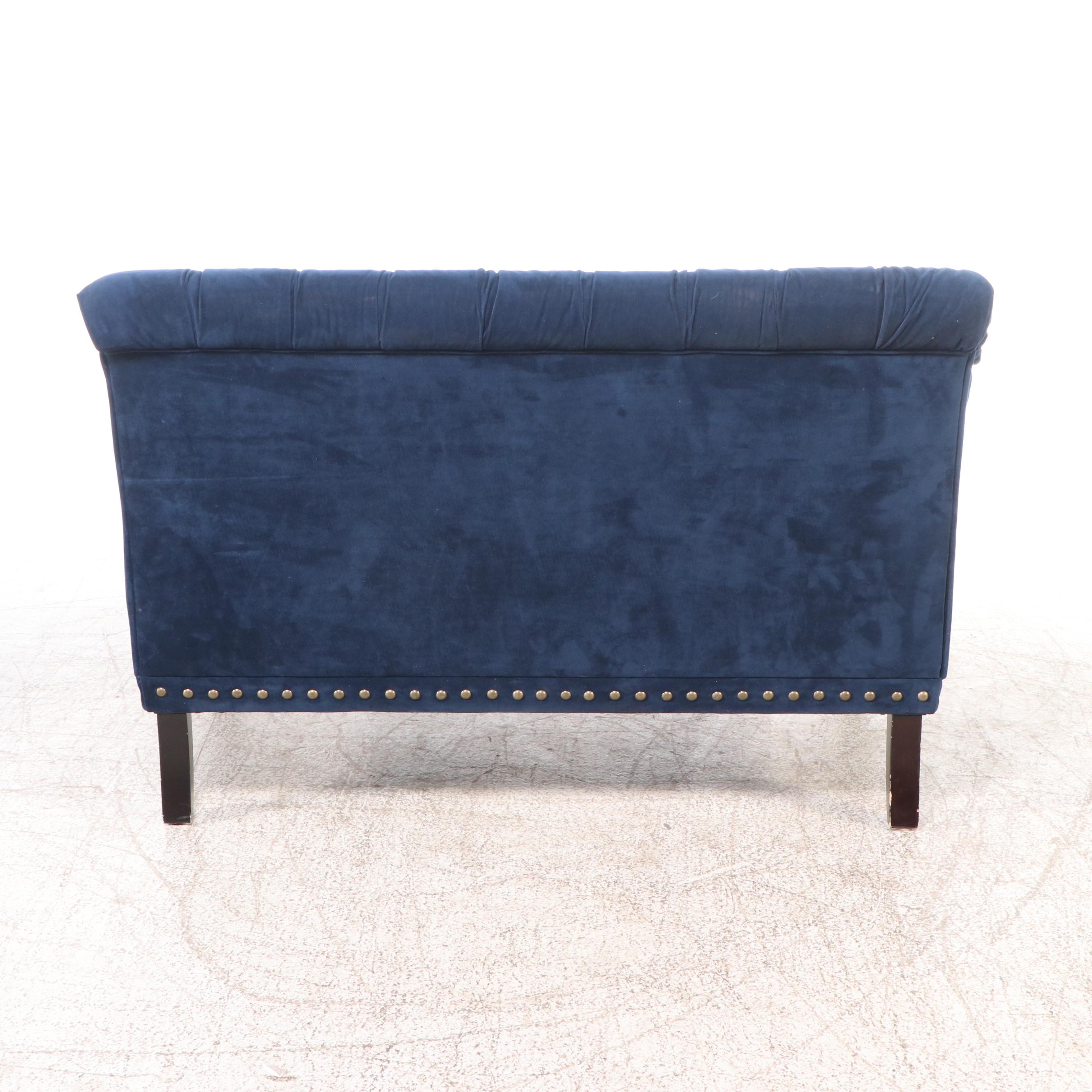 Pair of Pier 1 Blue Velvet Settees with Nailhead Trim