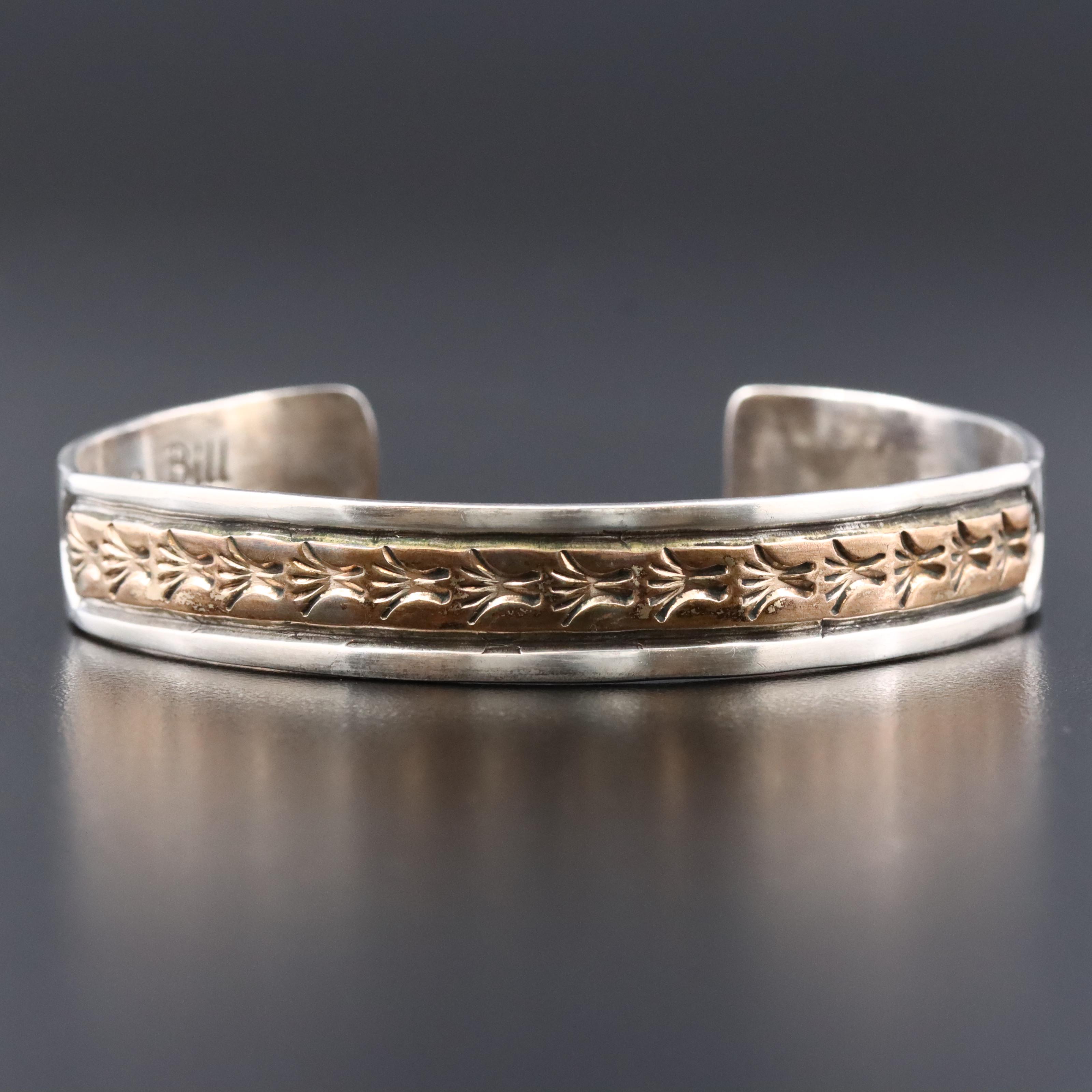 Darin Bill Navajo Diné Sterling Stampwork Cuff with Gold-Filled Accent