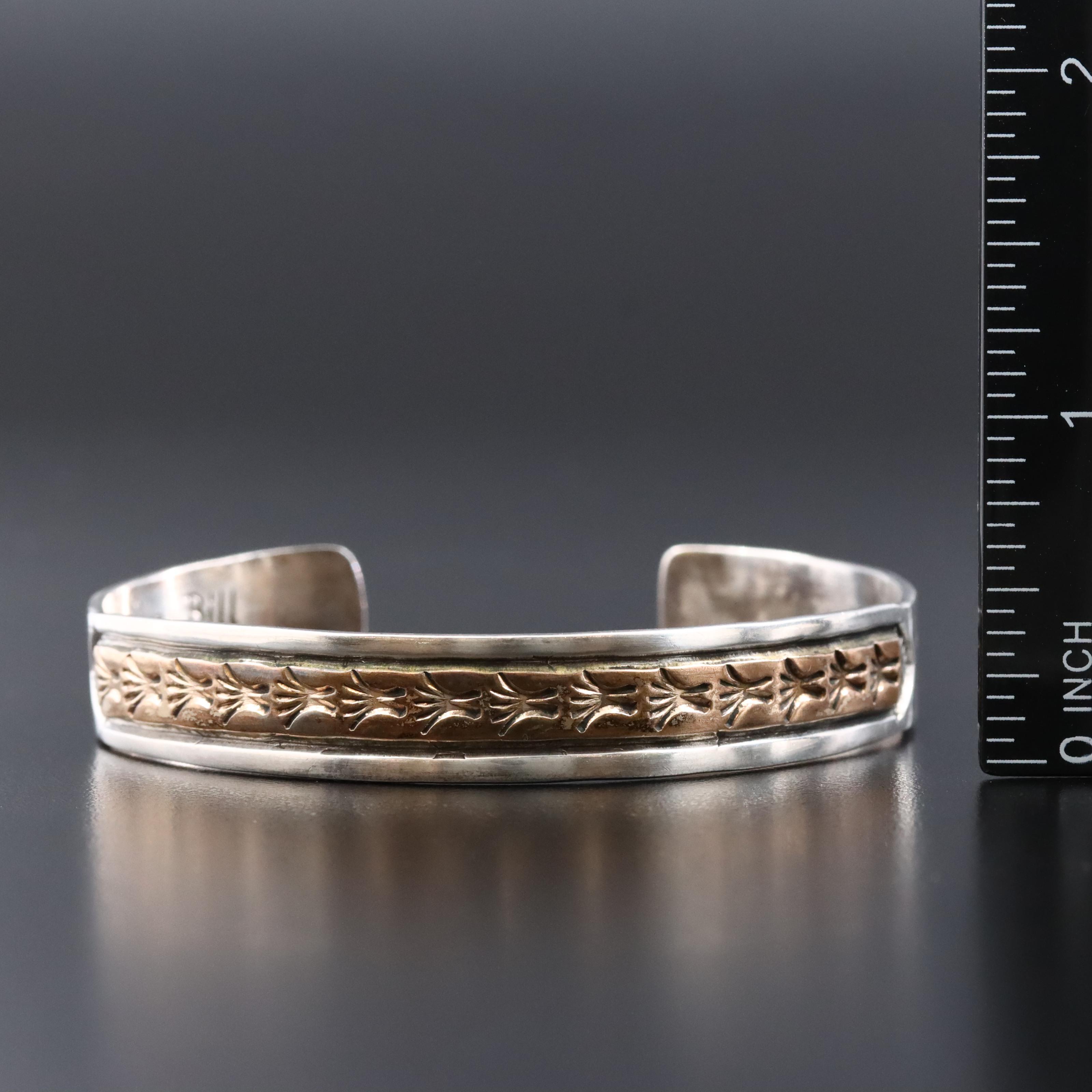 Darin Bill Navajo Diné Sterling Stampwork Cuff with Gold-Filled Accent