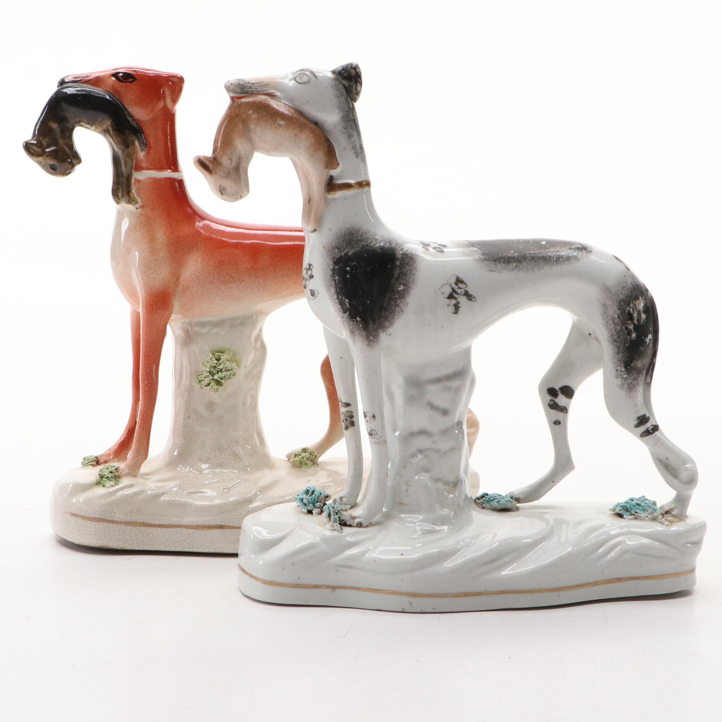 Staffordshire Hunting Greyhound with Hare Figurines, Mid to Late 19th Century