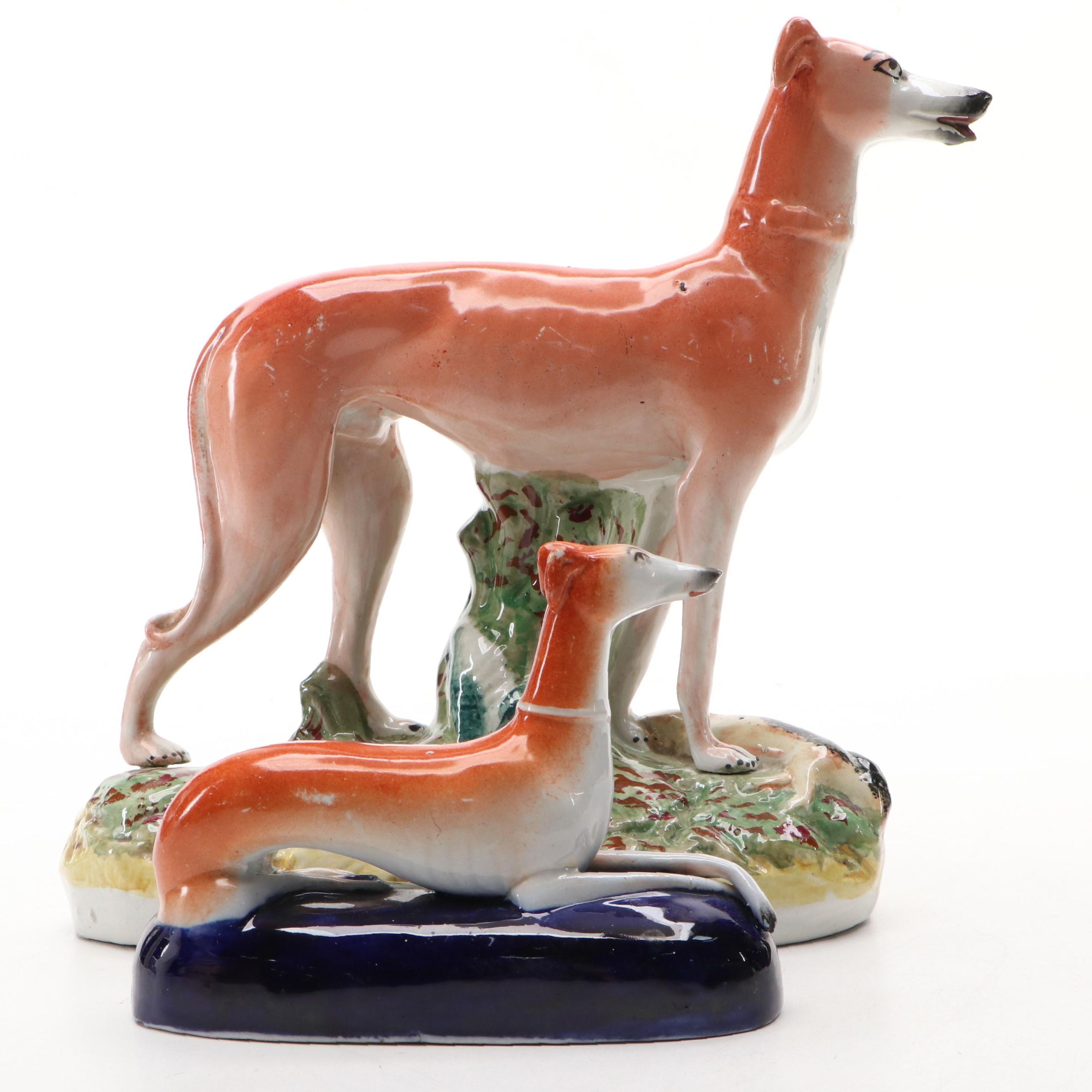 Staffordshire Greyhound with Hare and Recumbent Greyhound Figures