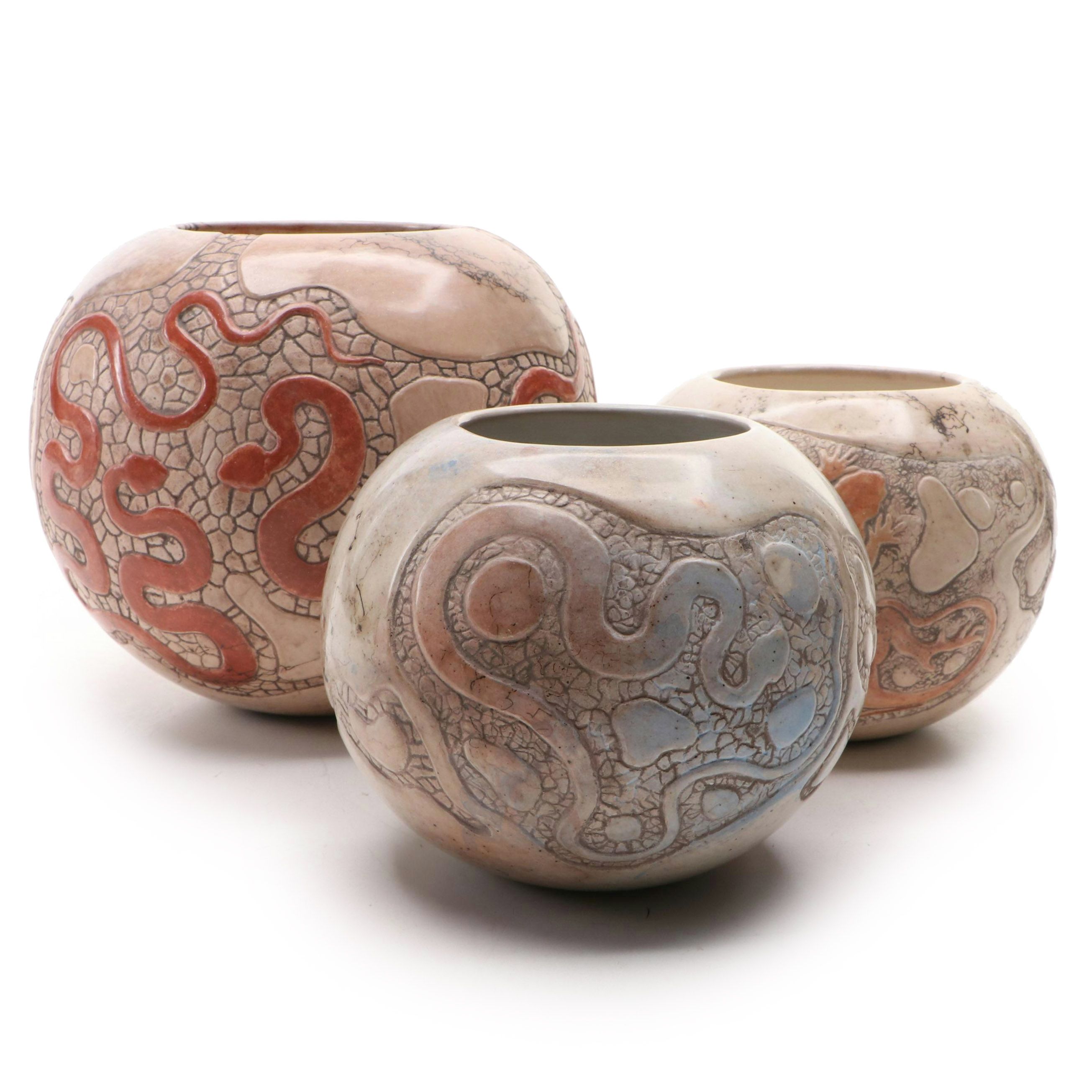 Mary Witkop Southwestern Serpent and Lizard Horse Hair Raku Ceramic Vases