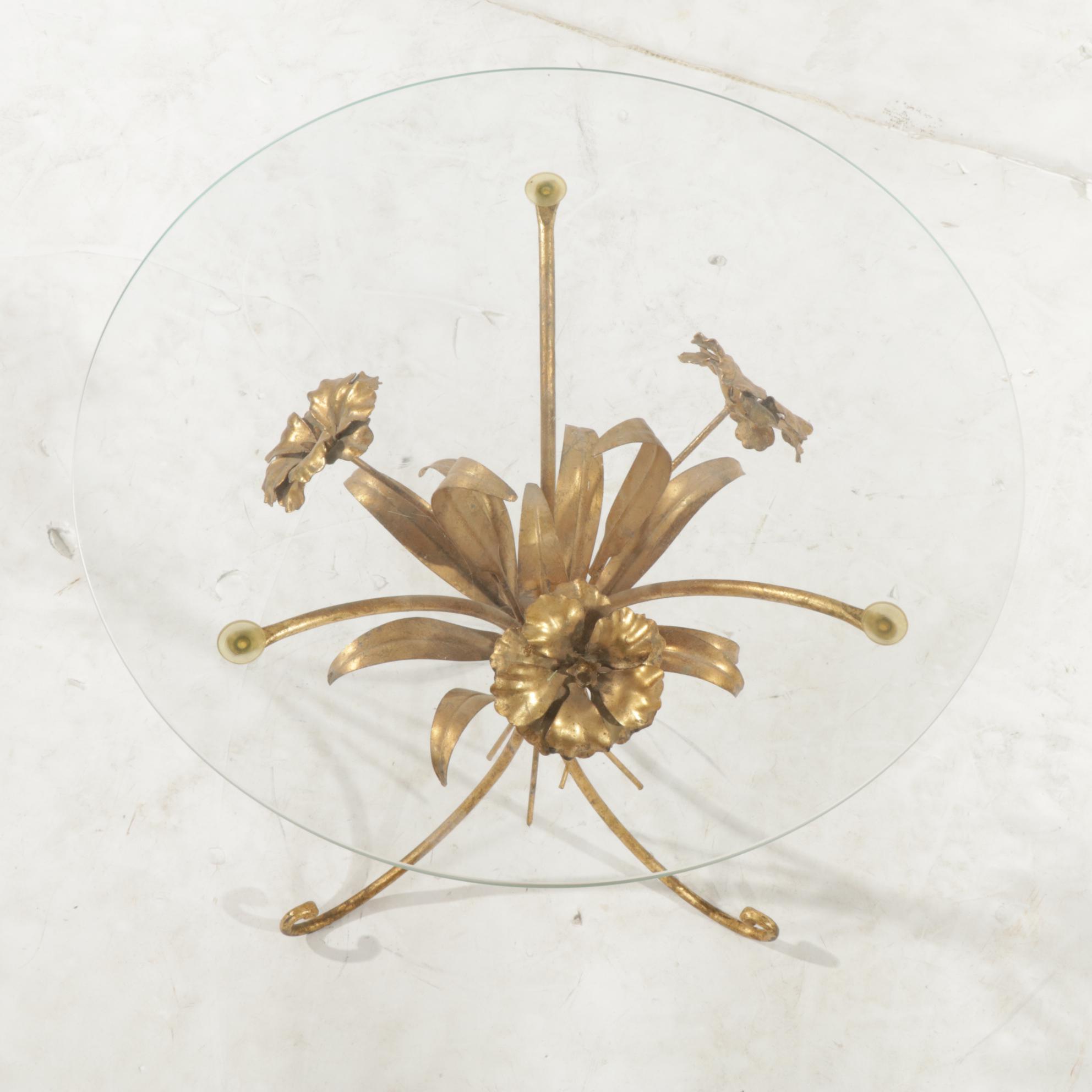 Hollywood Regency Gold Tone Floral Accent Table with Glass Top, Mid-20th Century