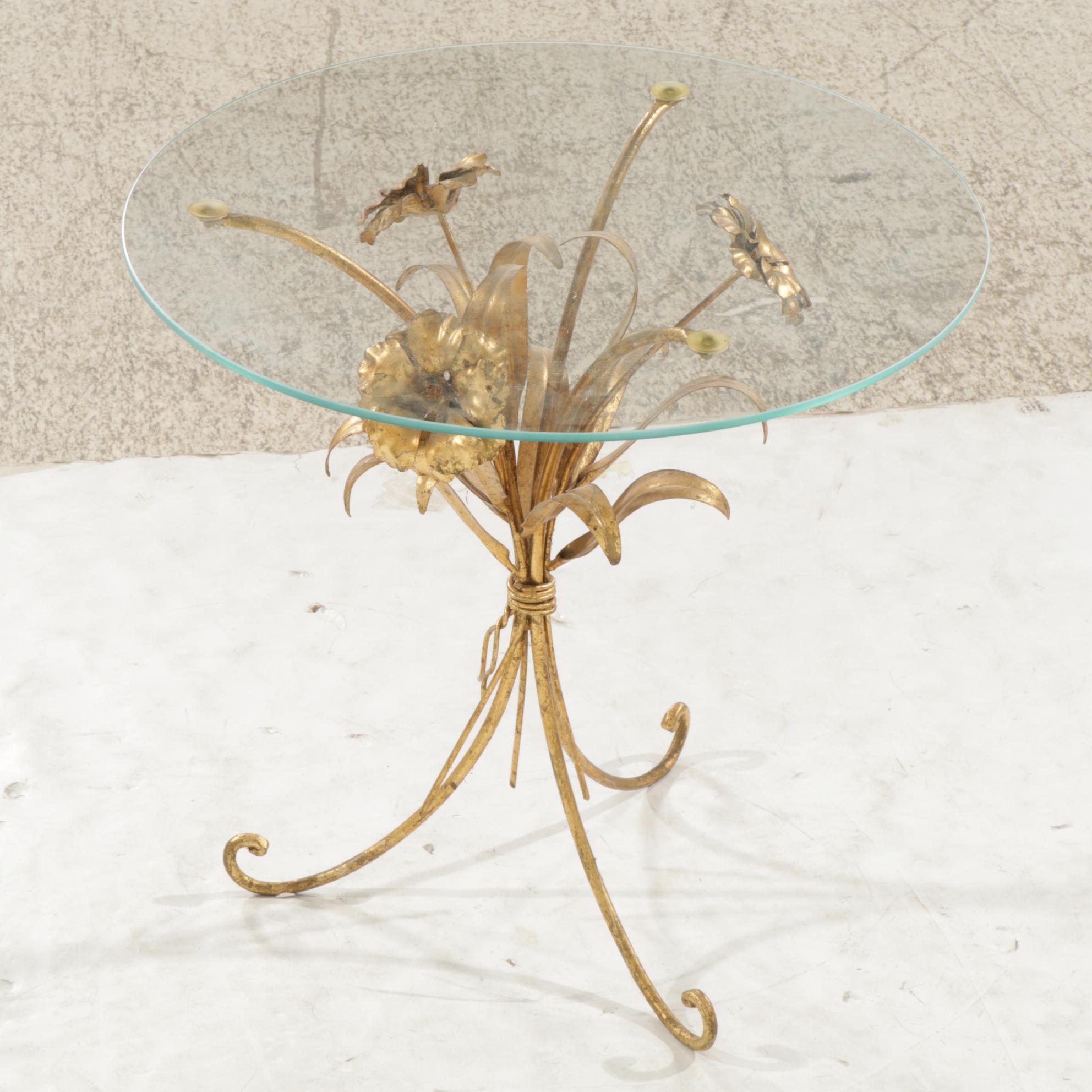 Hollywood Regency Gold Tone Floral Accent Table with Glass Top, Mid-20th Century