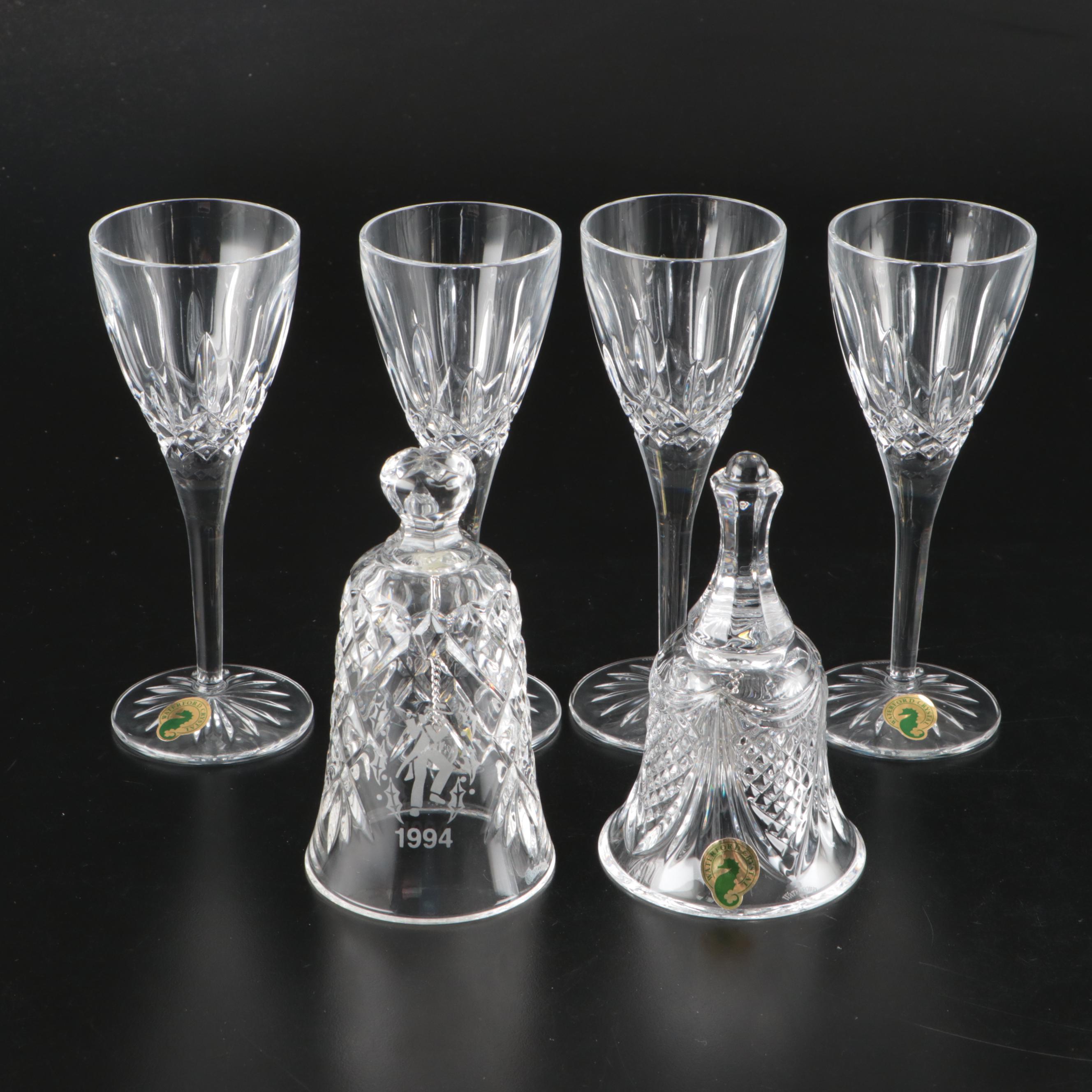 Waterford "Lismore" Crystal Cordial Glasses and Bells