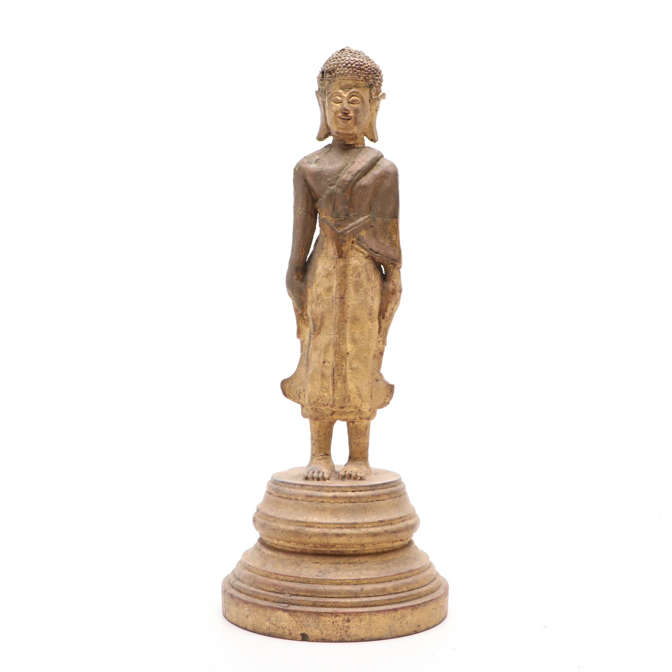 Southeast Asian Gilt Carved Wood Standing Buddha and Red Anjali Mudra Figure