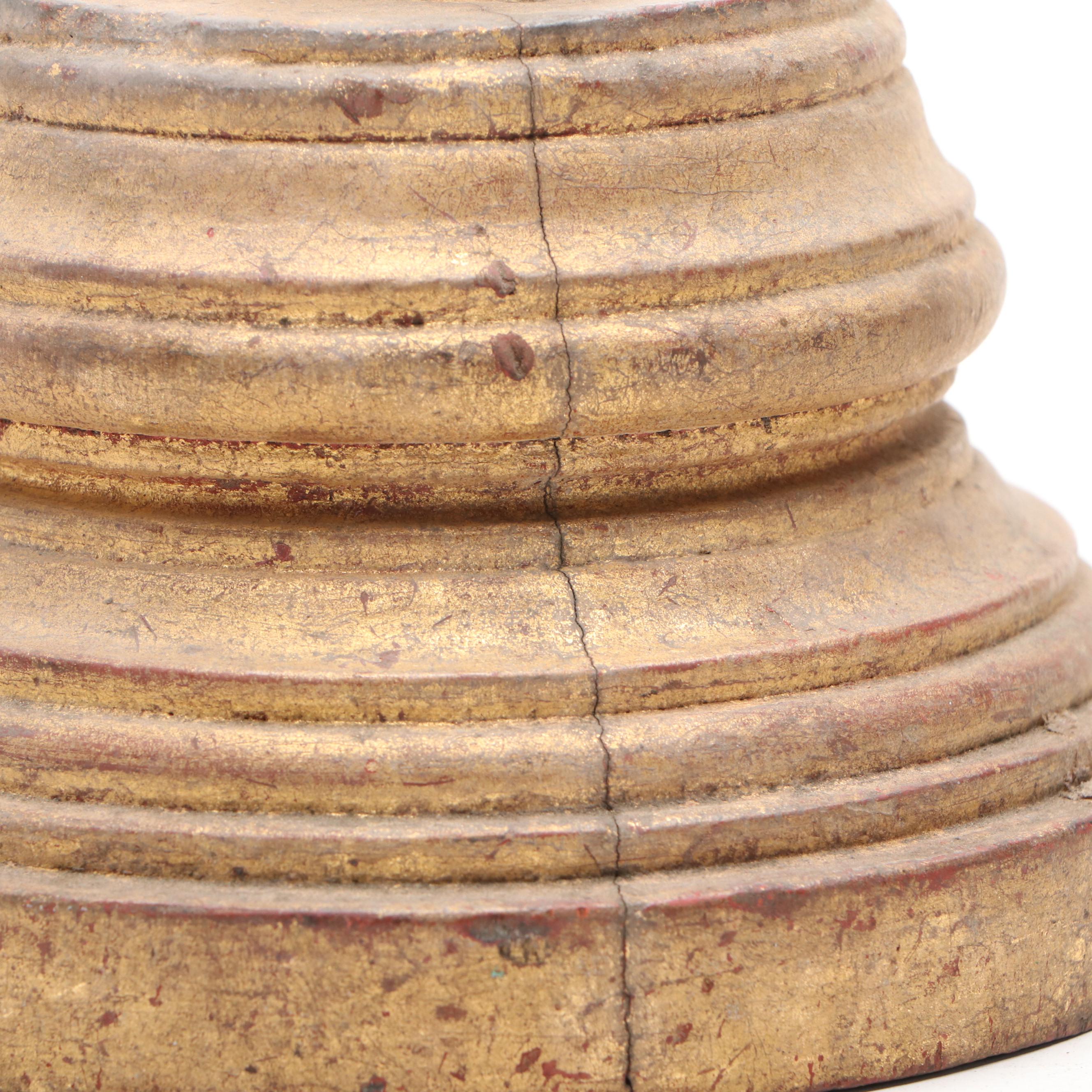 Southeast Asian Gilt Carved Wood Standing Buddha and Red Anjali Mudra Figure