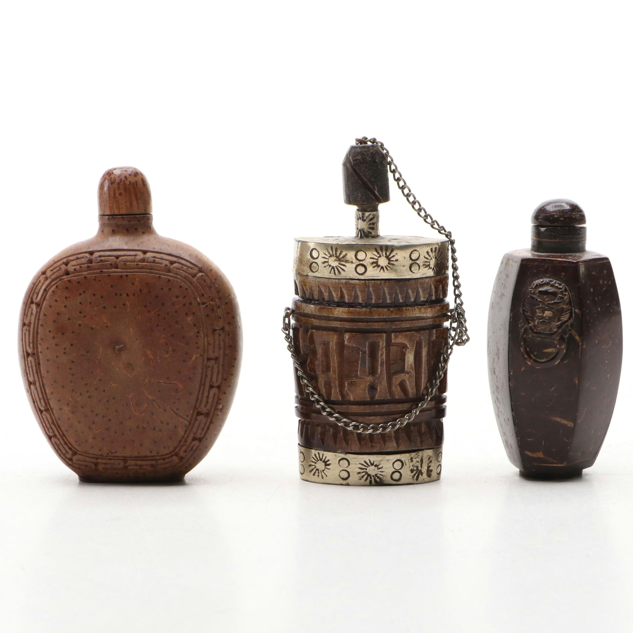 Chinese Metal Capped Carved Bone with Other Seed Pod and Wood Snuff Bottles