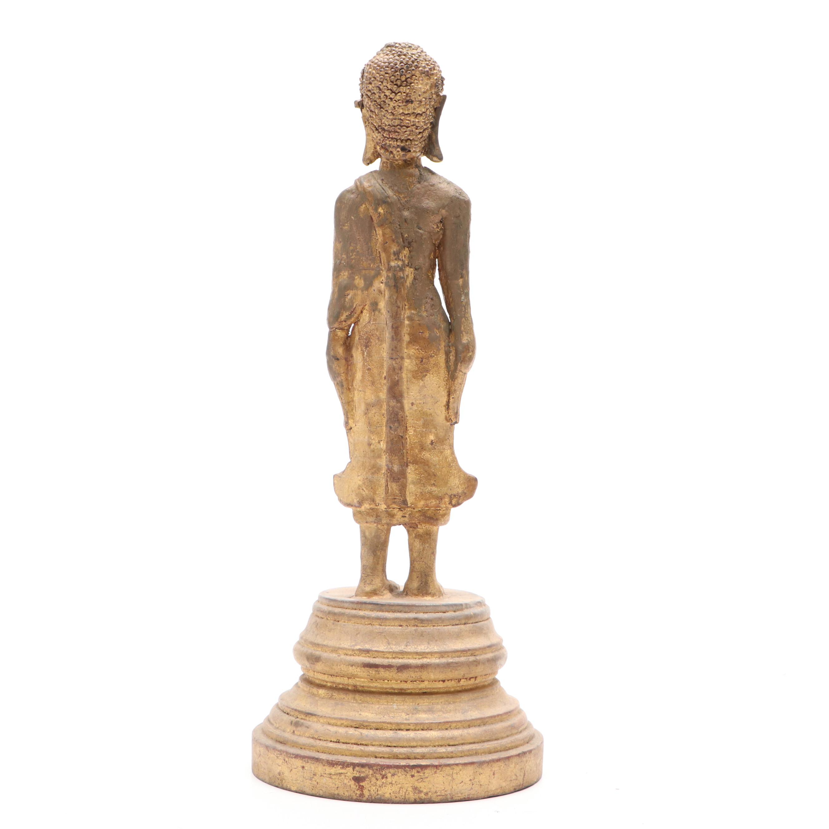 Southeast Asian Gilt Carved Wood Standing Buddha and Red Anjali Mudra Figure