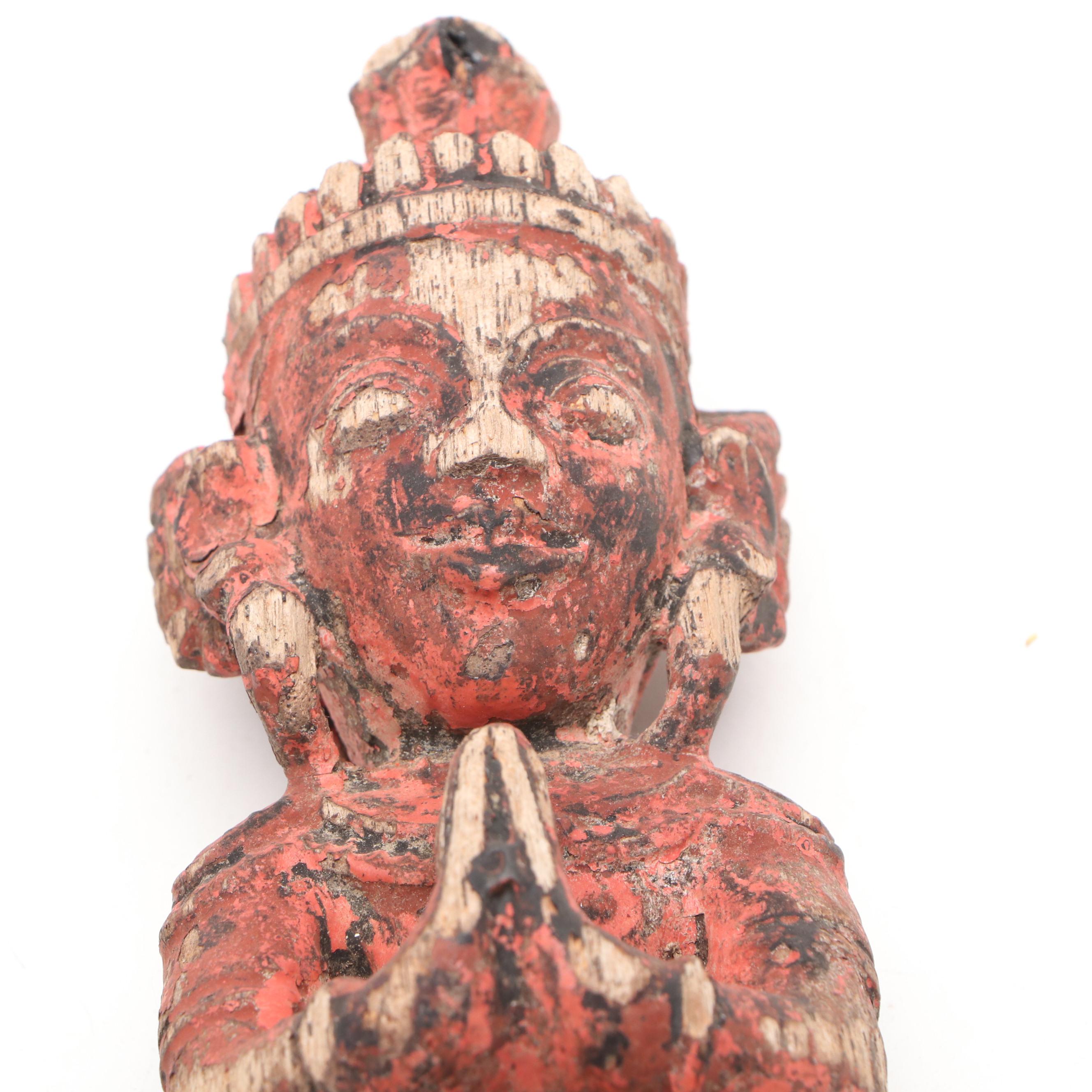 Southeast Asian Gilt Carved Wood Standing Buddha and Red Anjali Mudra Figure