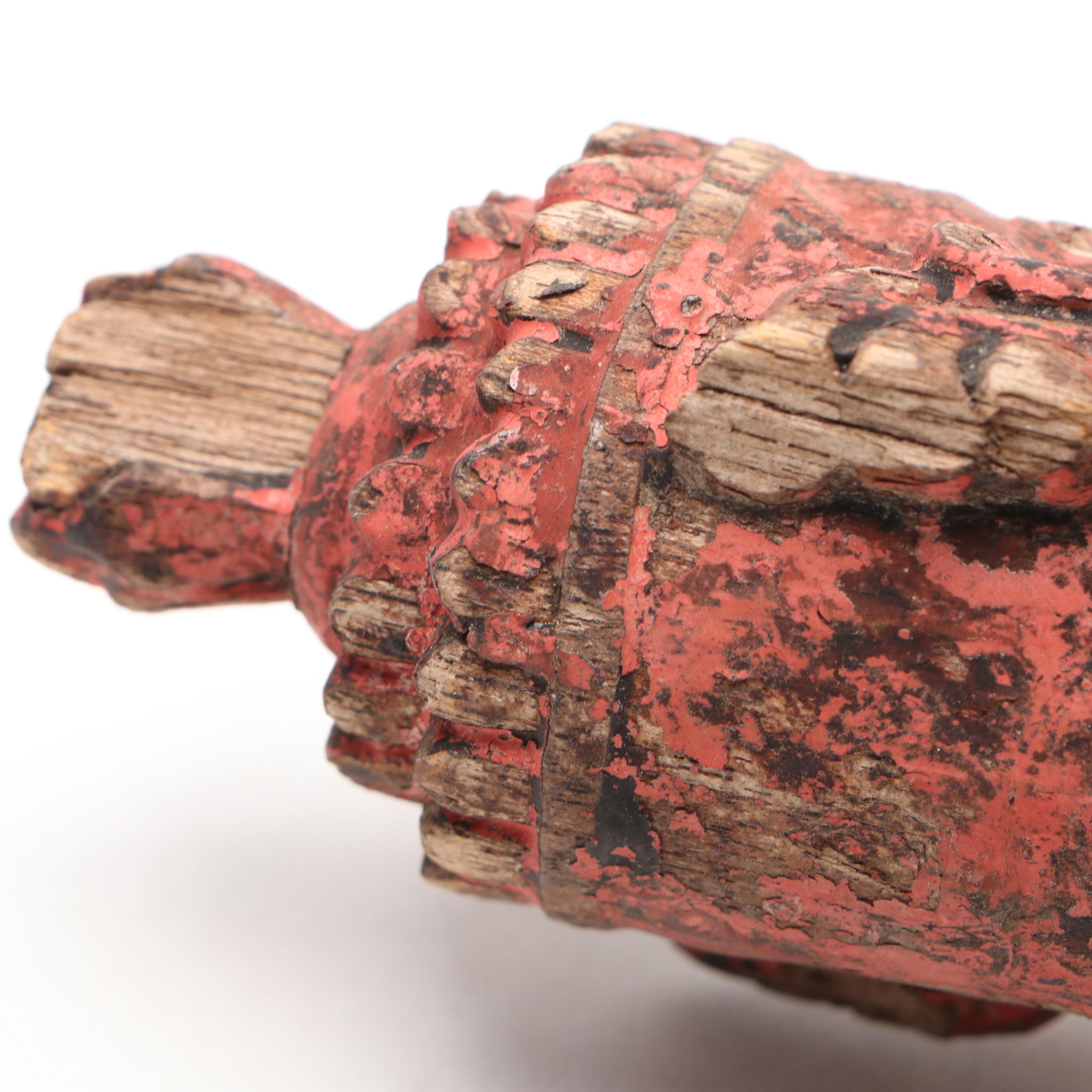 Southeast Asian Gilt Carved Wood Standing Buddha and Red Anjali Mudra Figure