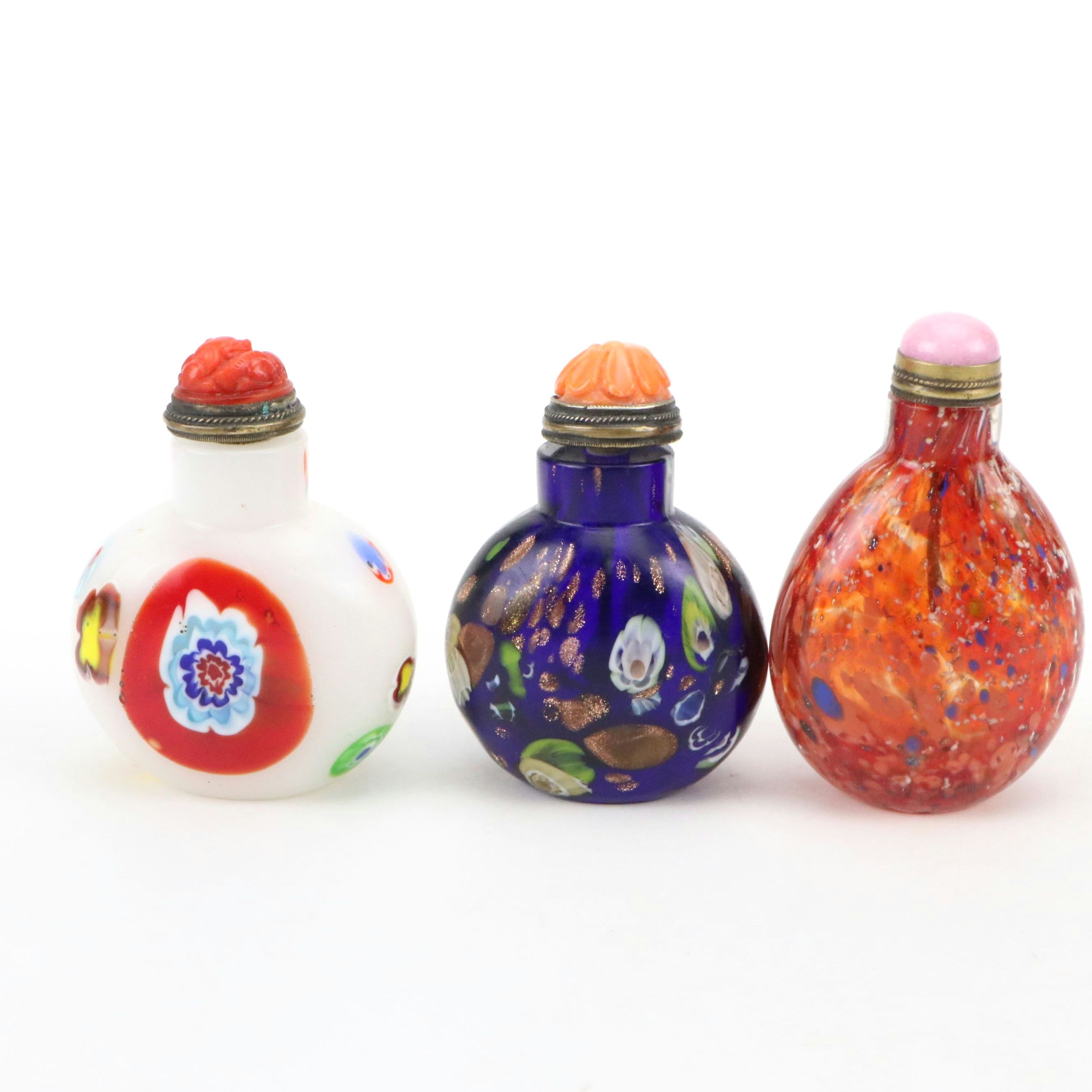 Studio Glass Murrine and End of Day Snuff Bottles with Glass and Coral Stoppers