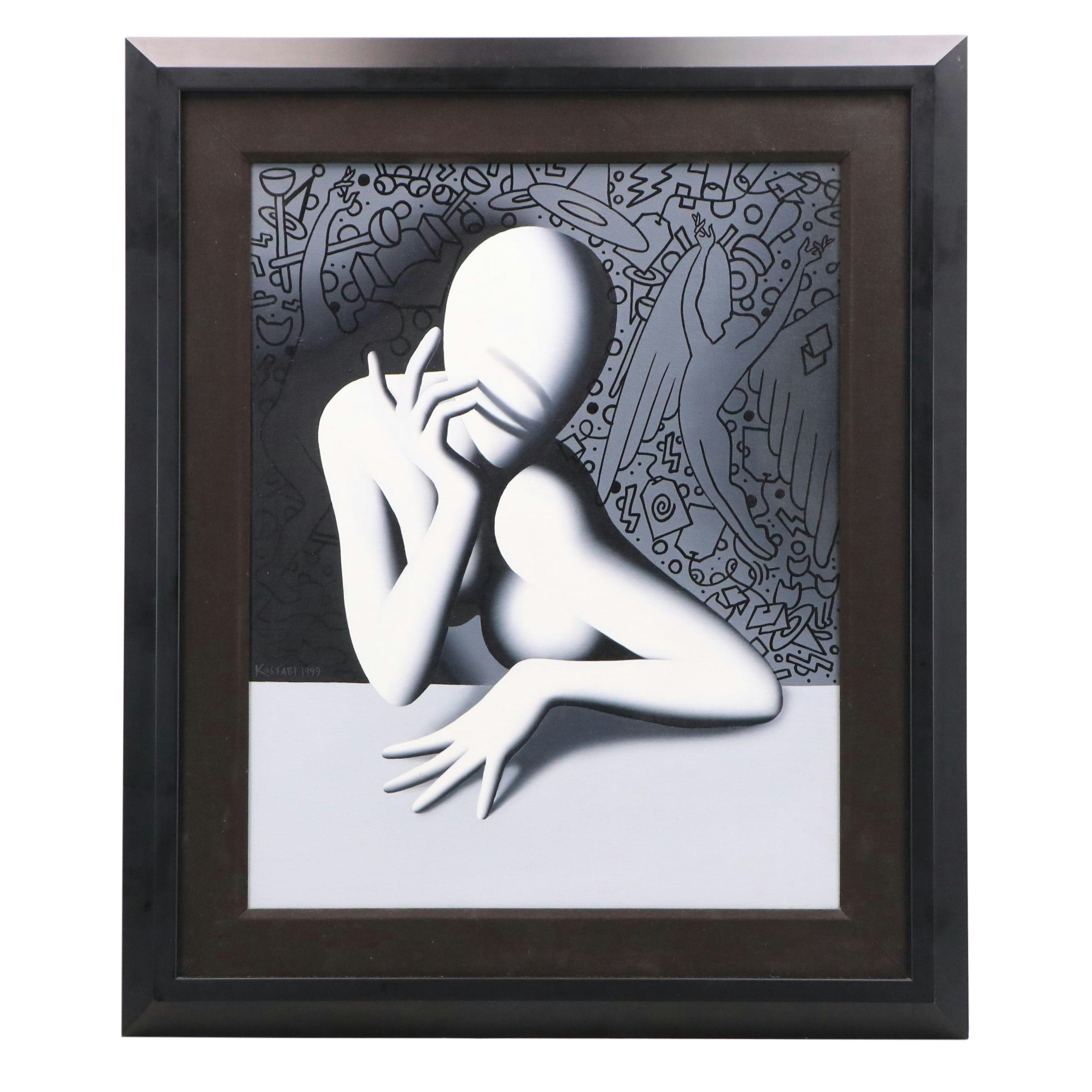 Mark Kostabi Oil Painting "Musing," 1999