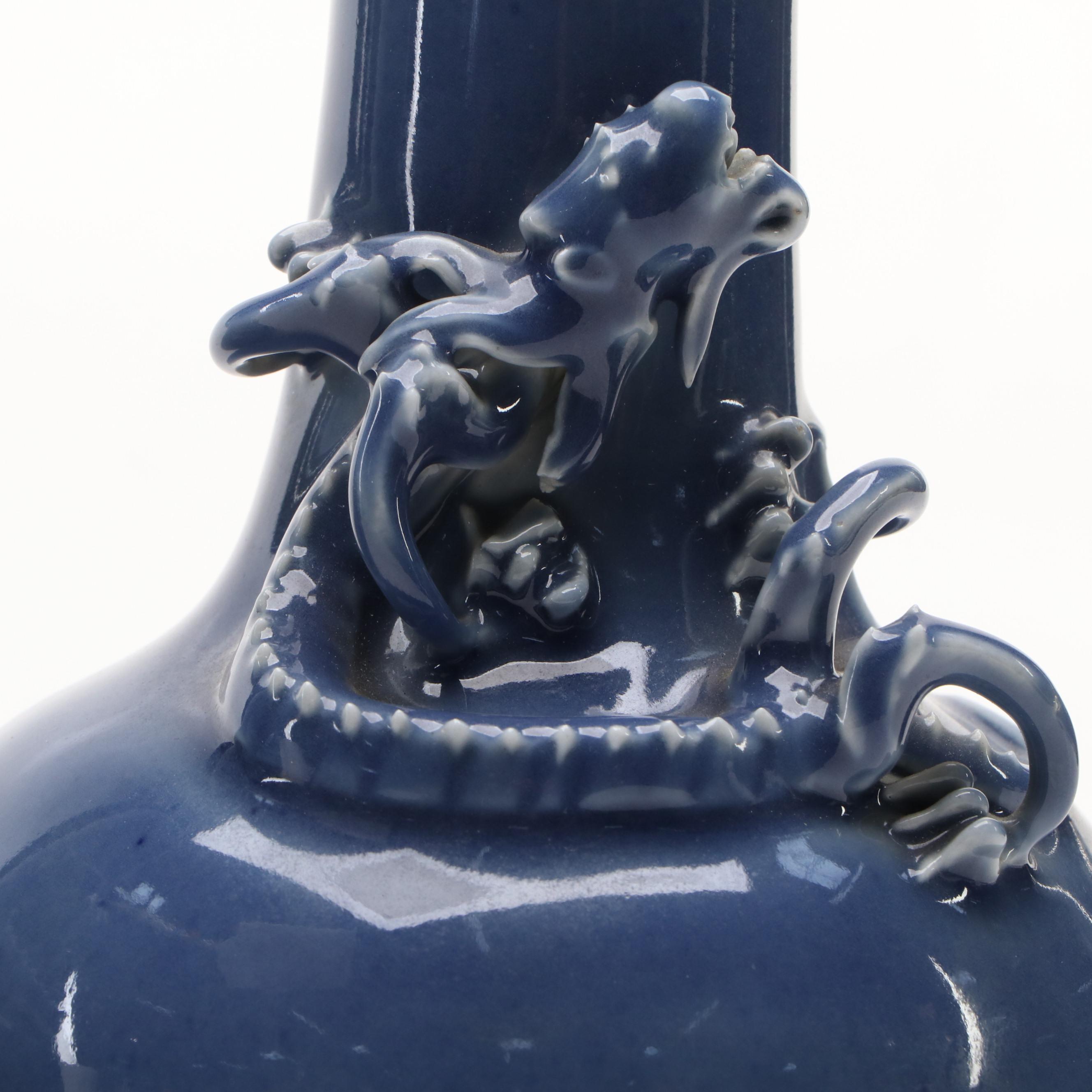 Pair of Chinese Blue Ceramic Dragon Vases