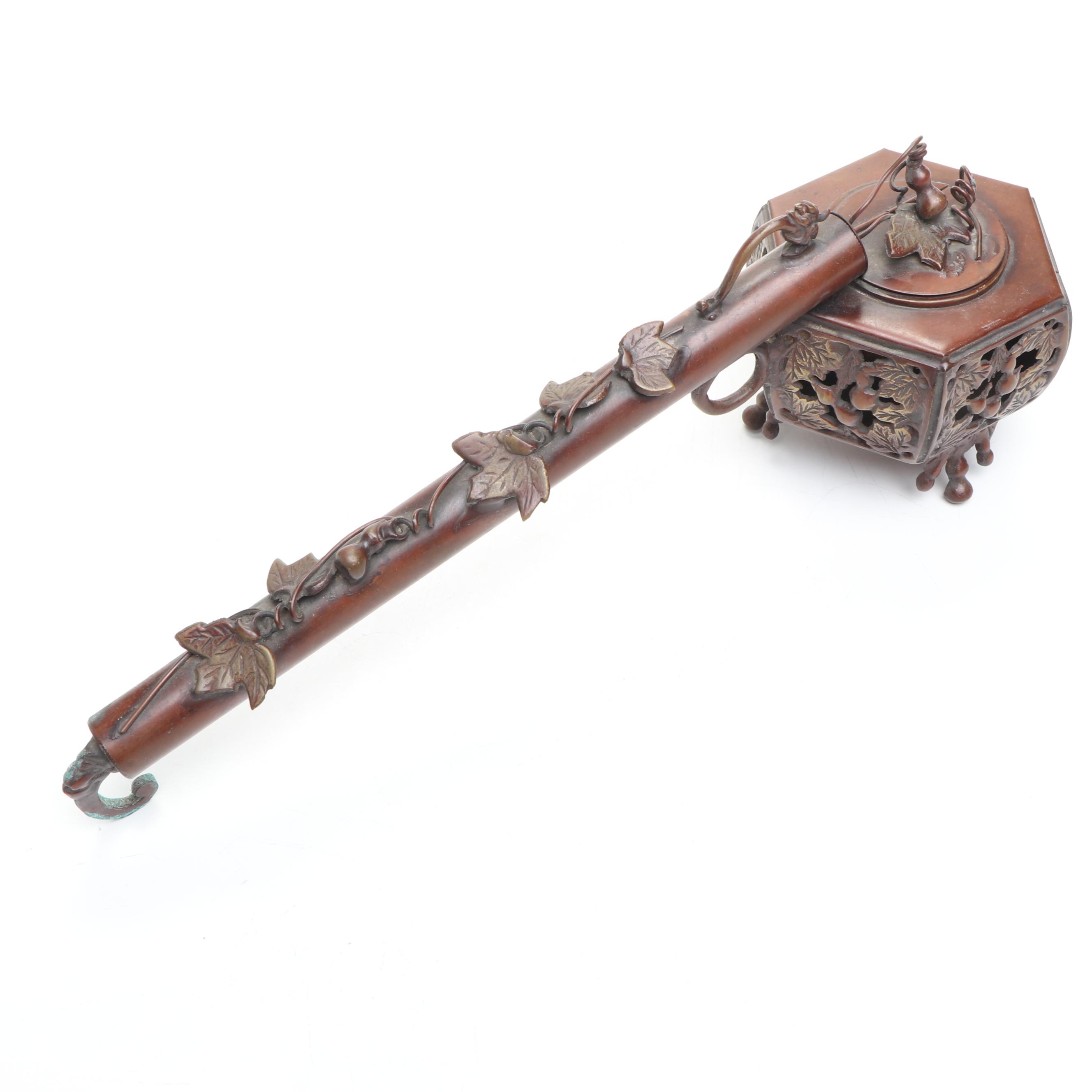 Thai Carved Wood Male Bust Figure with Other Metal Foliage Candle Holder