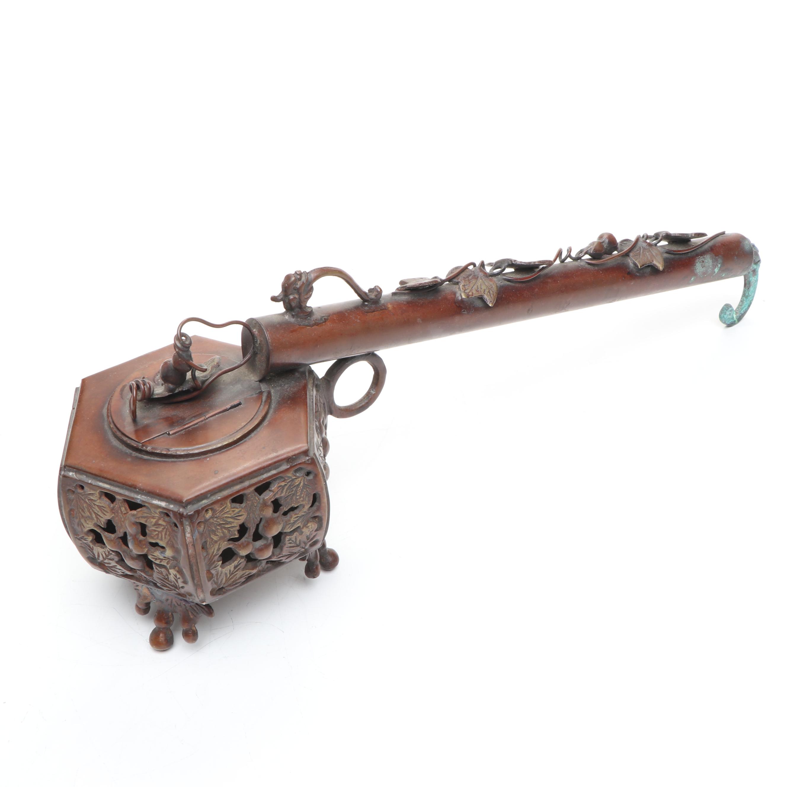 Thai Carved Wood Male Bust Figure with Other Metal Foliage Candle Holder