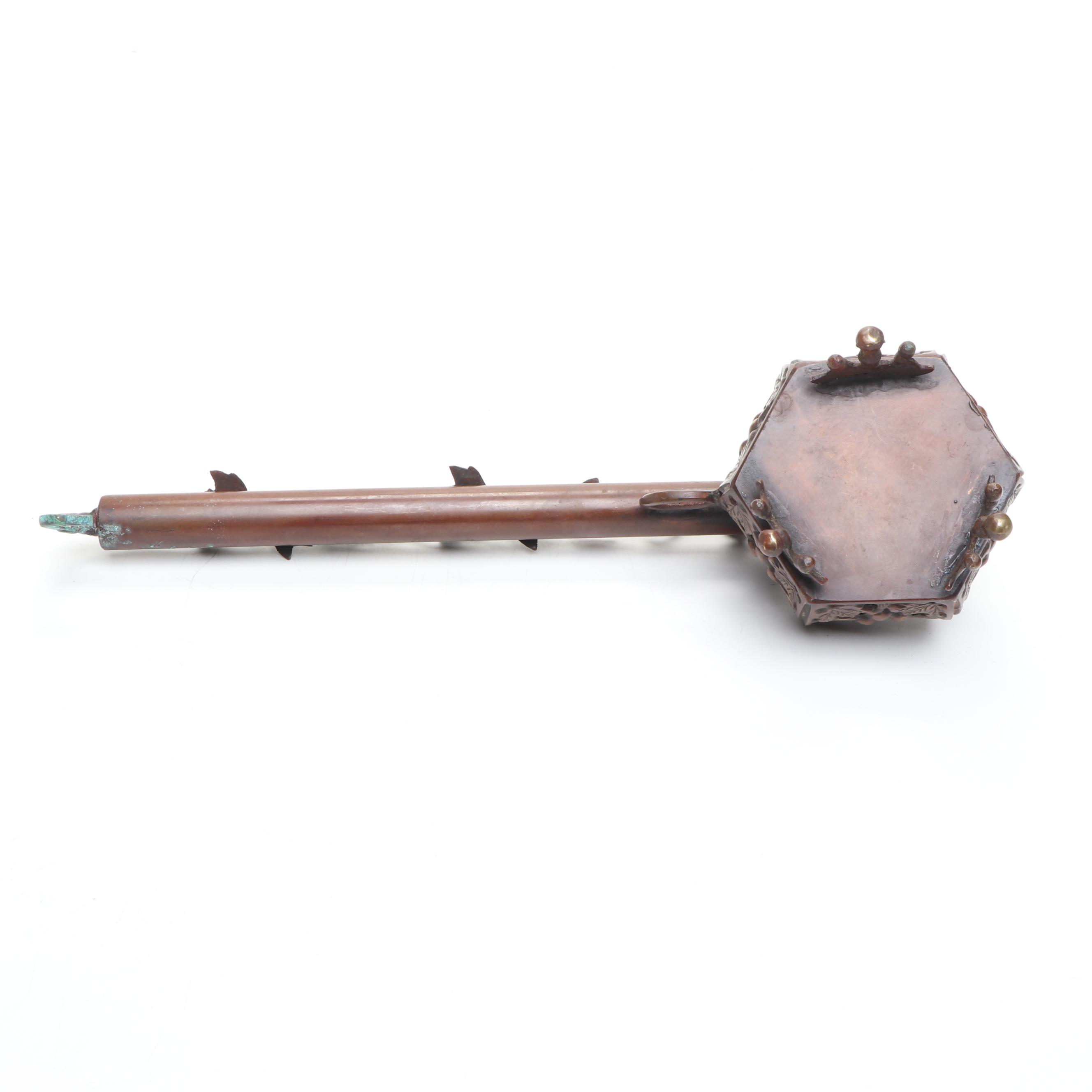 Thai Carved Wood Male Bust Figure with Other Metal Foliage Candle Holder