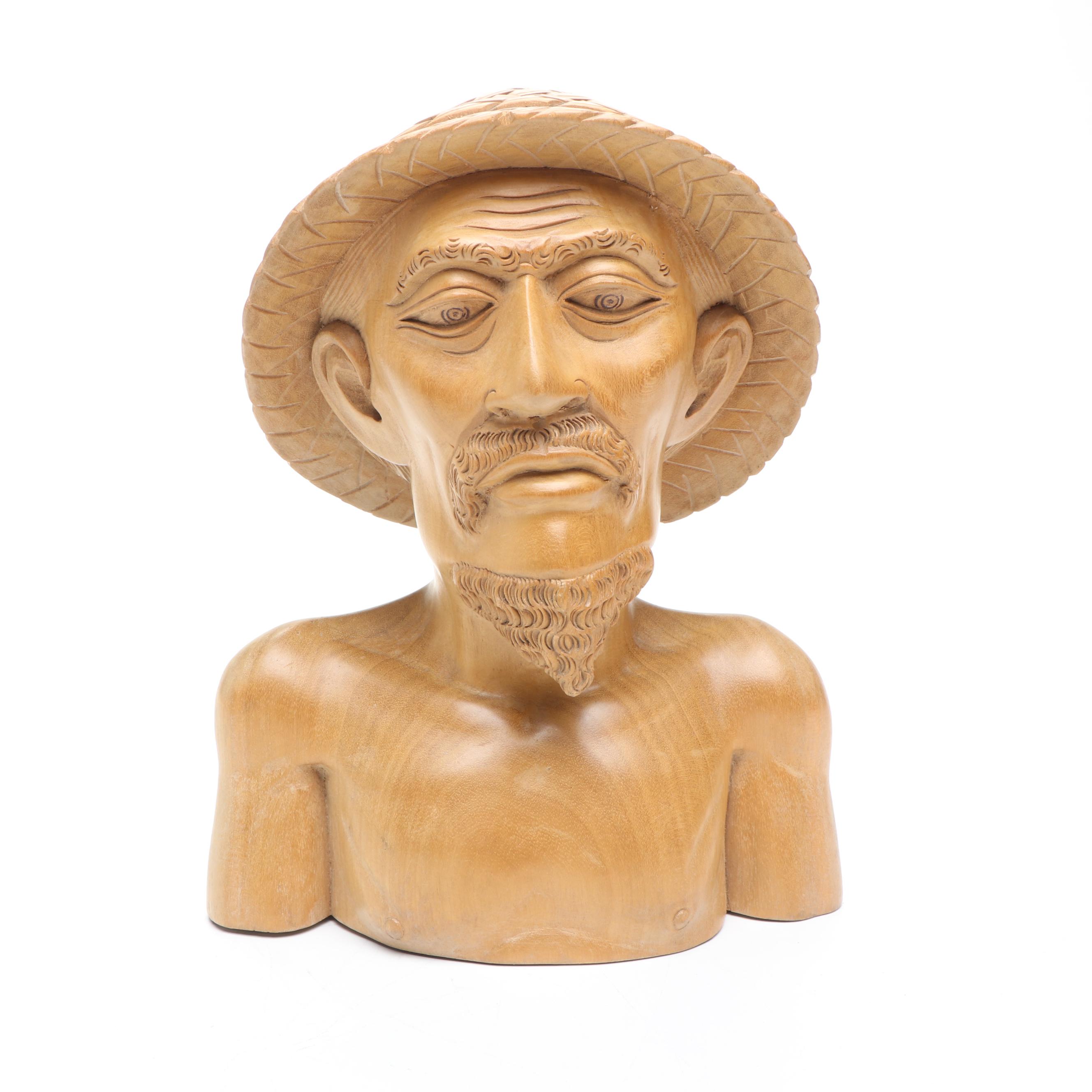 Thai Carved Wood Male Bust Figure with Other Metal Foliage Candle Holder