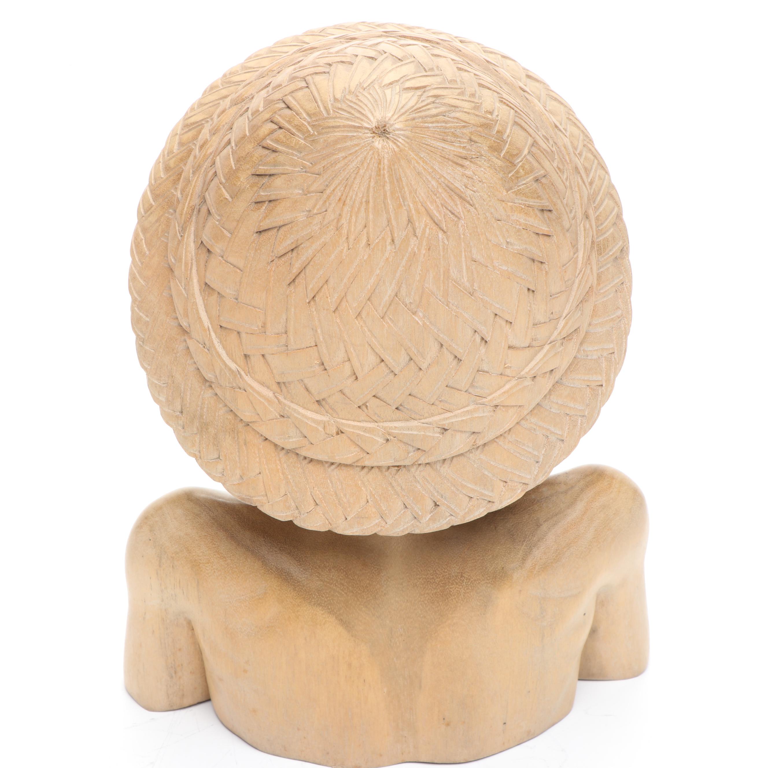 Thai Carved Wood Male Bust Figure with Other Metal Foliage Candle Holder