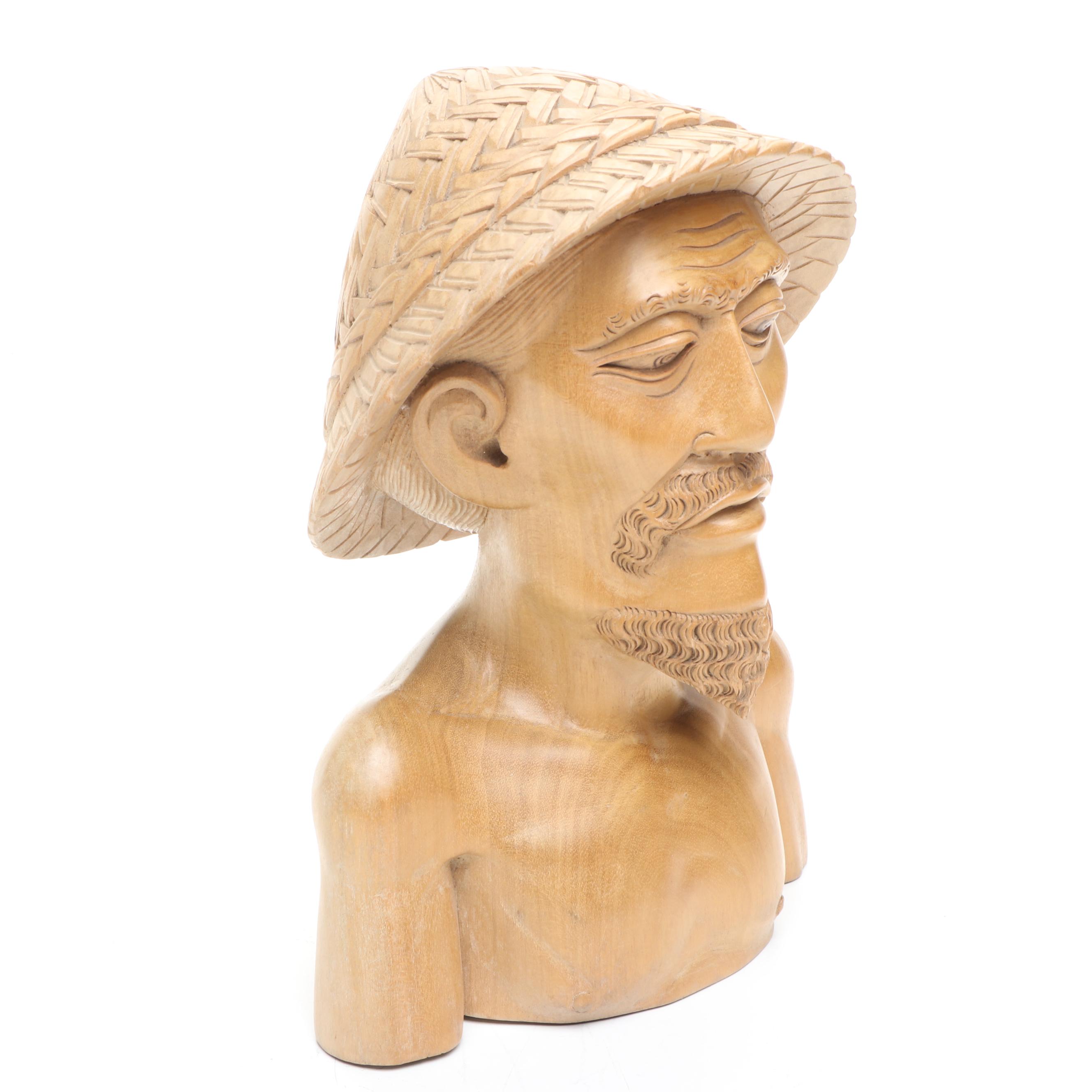 Thai Carved Wood Male Bust Figure with Other Metal Foliage Candle Holder