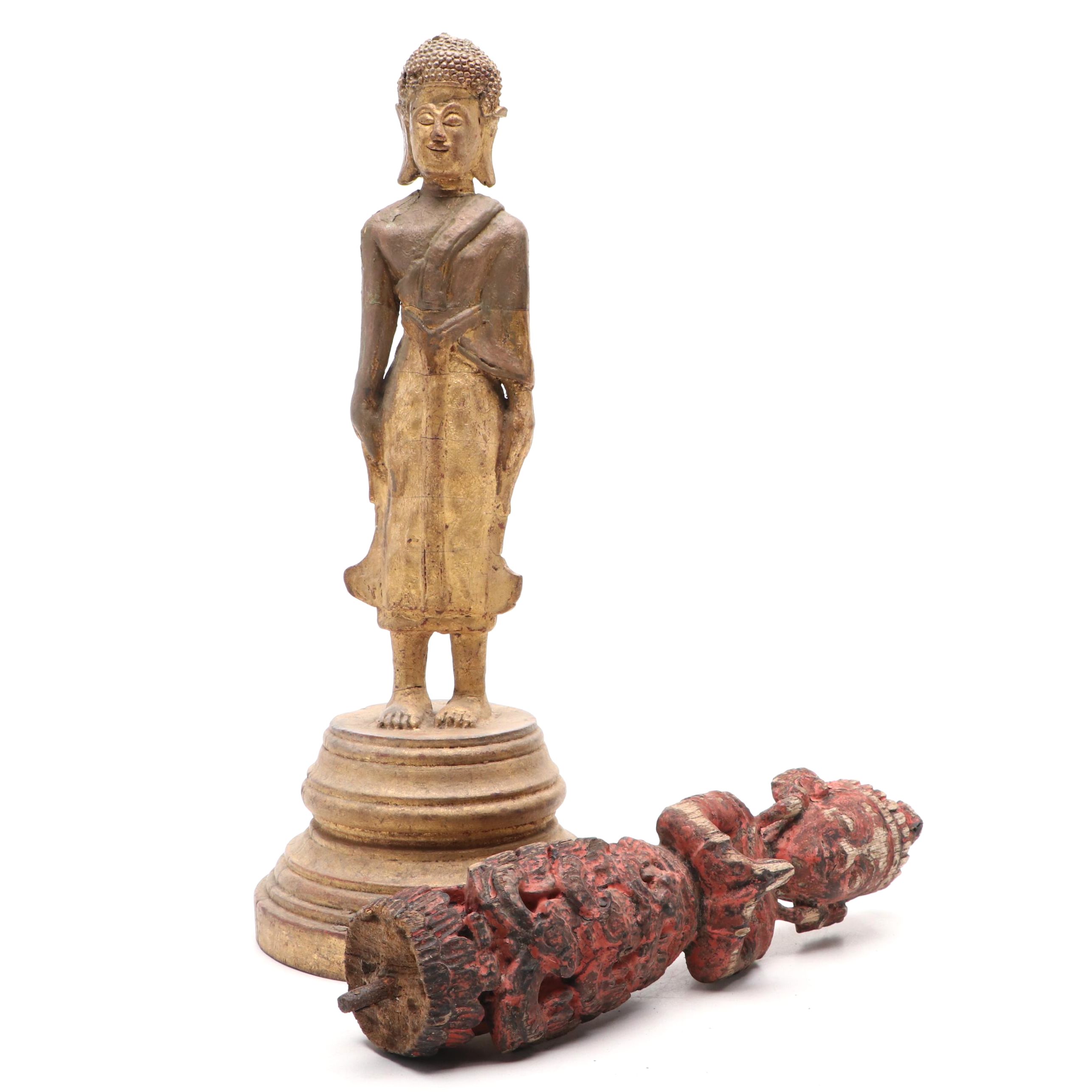 Southeast Asian Gilt Carved Wood Standing Buddha and Red Anjali Mudra Figure