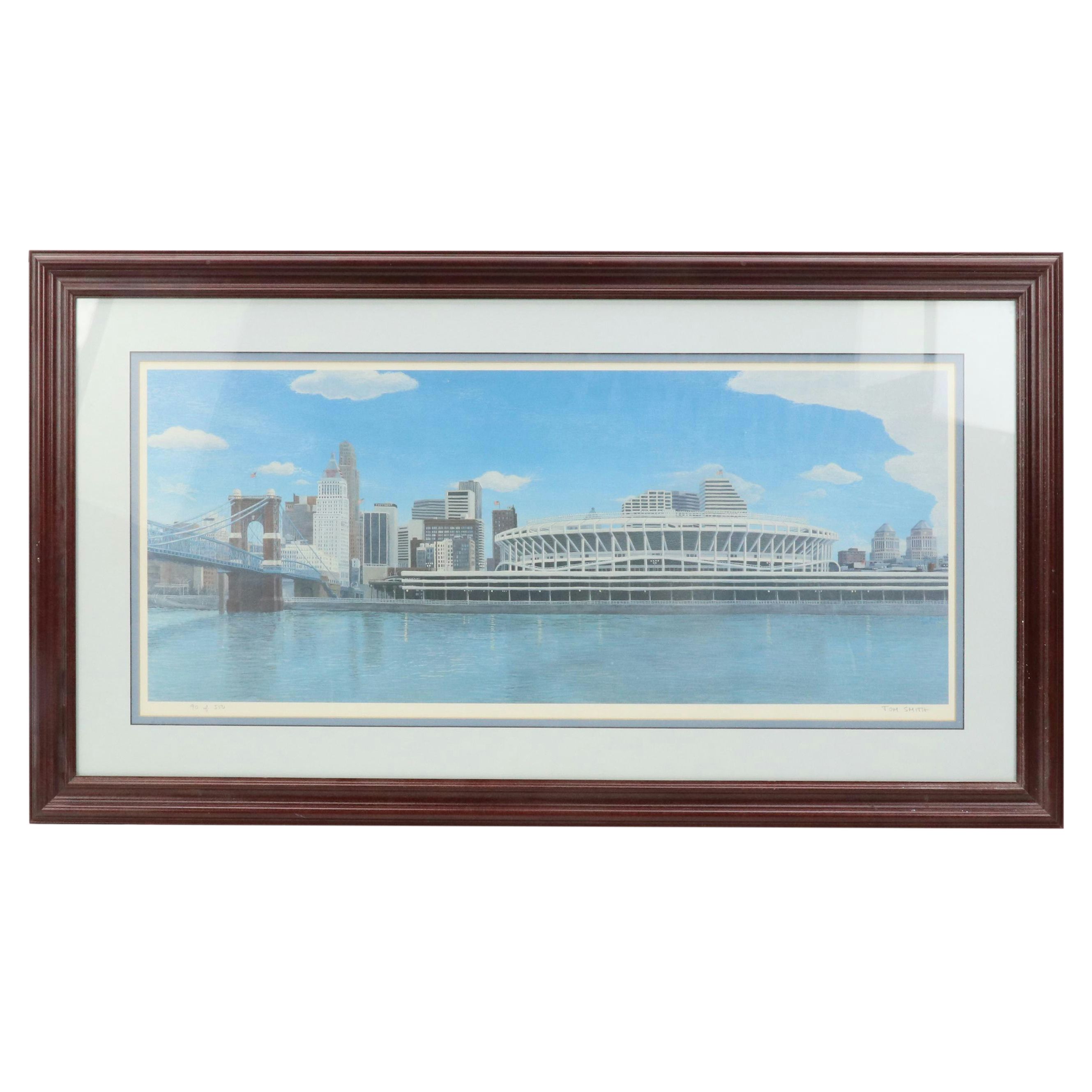 Tom Smith Offset Lithograph of Downtown Cincinnati With Riverfront Stadium