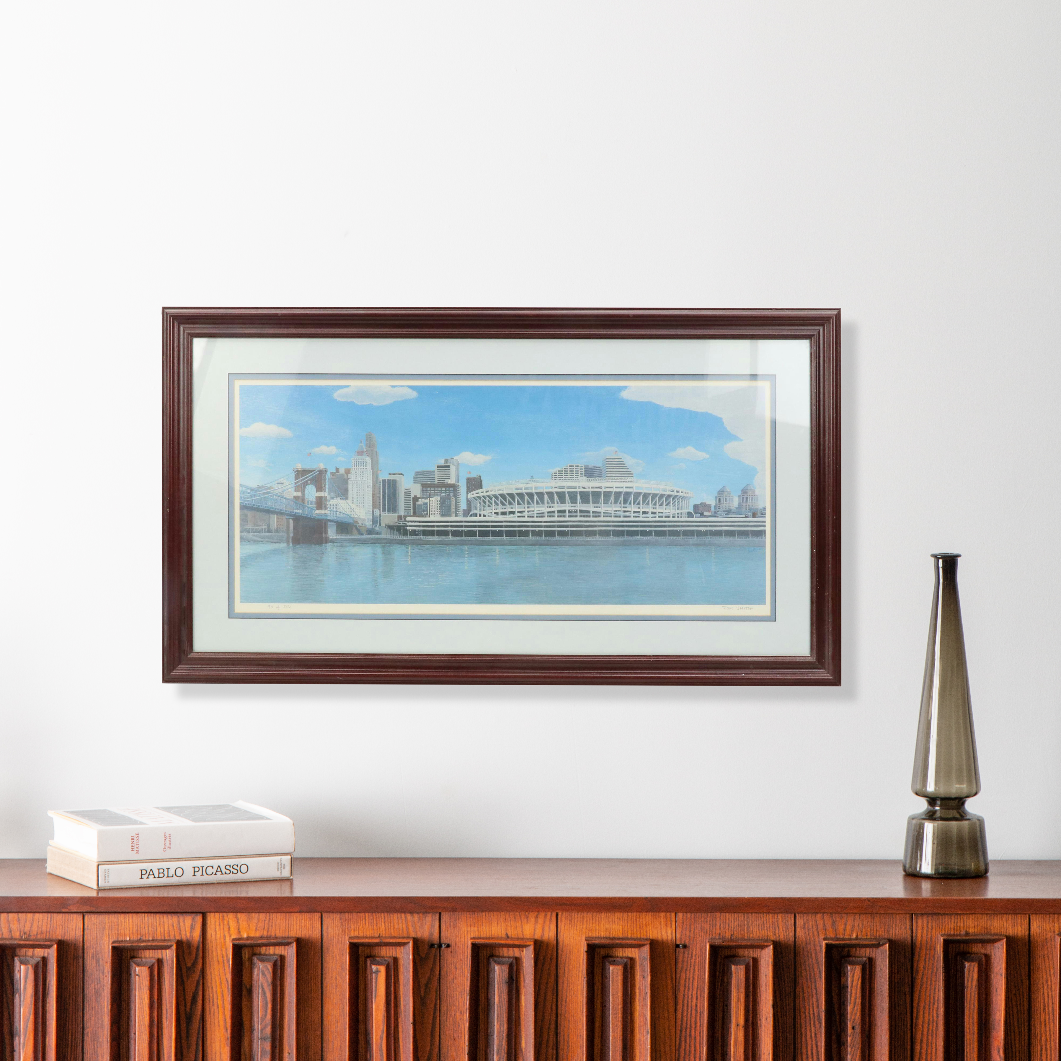 Tom Smith Offset Lithograph of Downtown Cincinnati With Riverfront Stadium
