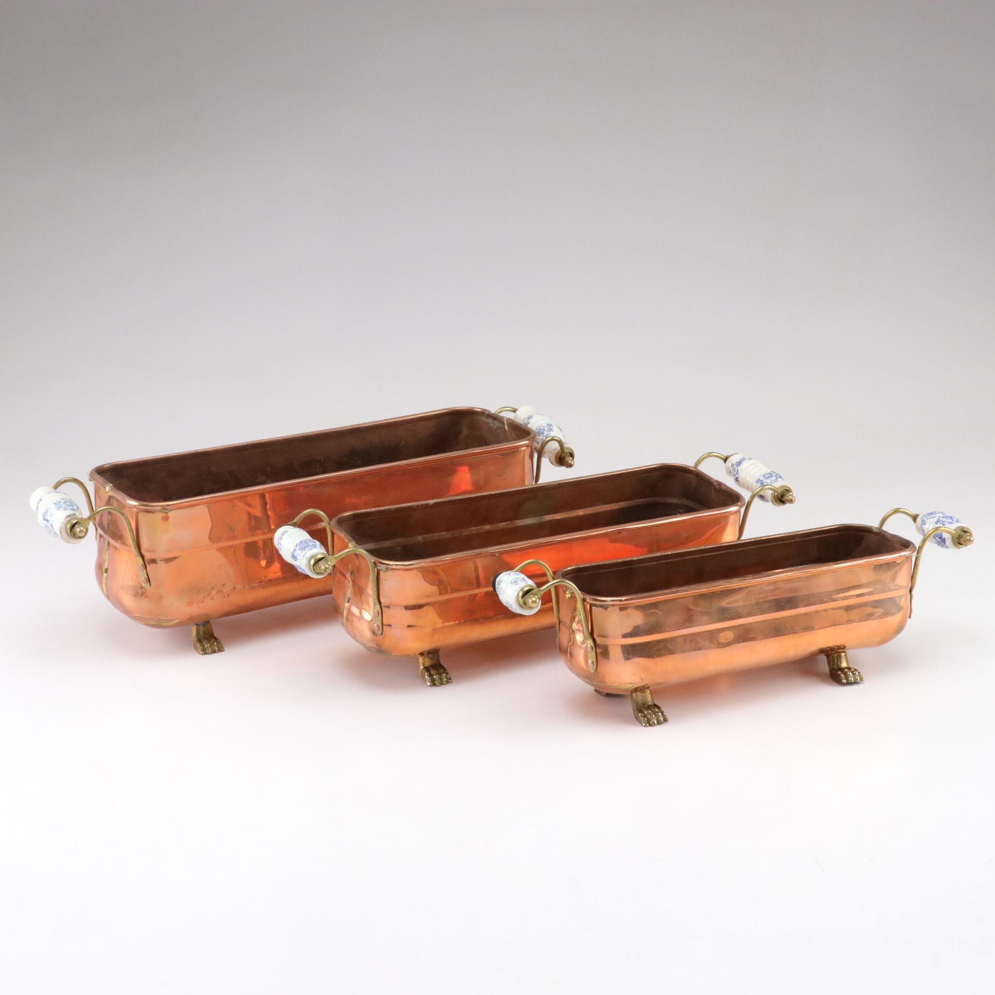 Nesting Copper and Brass Footed Planters with Dutch Style Ceramic Handles