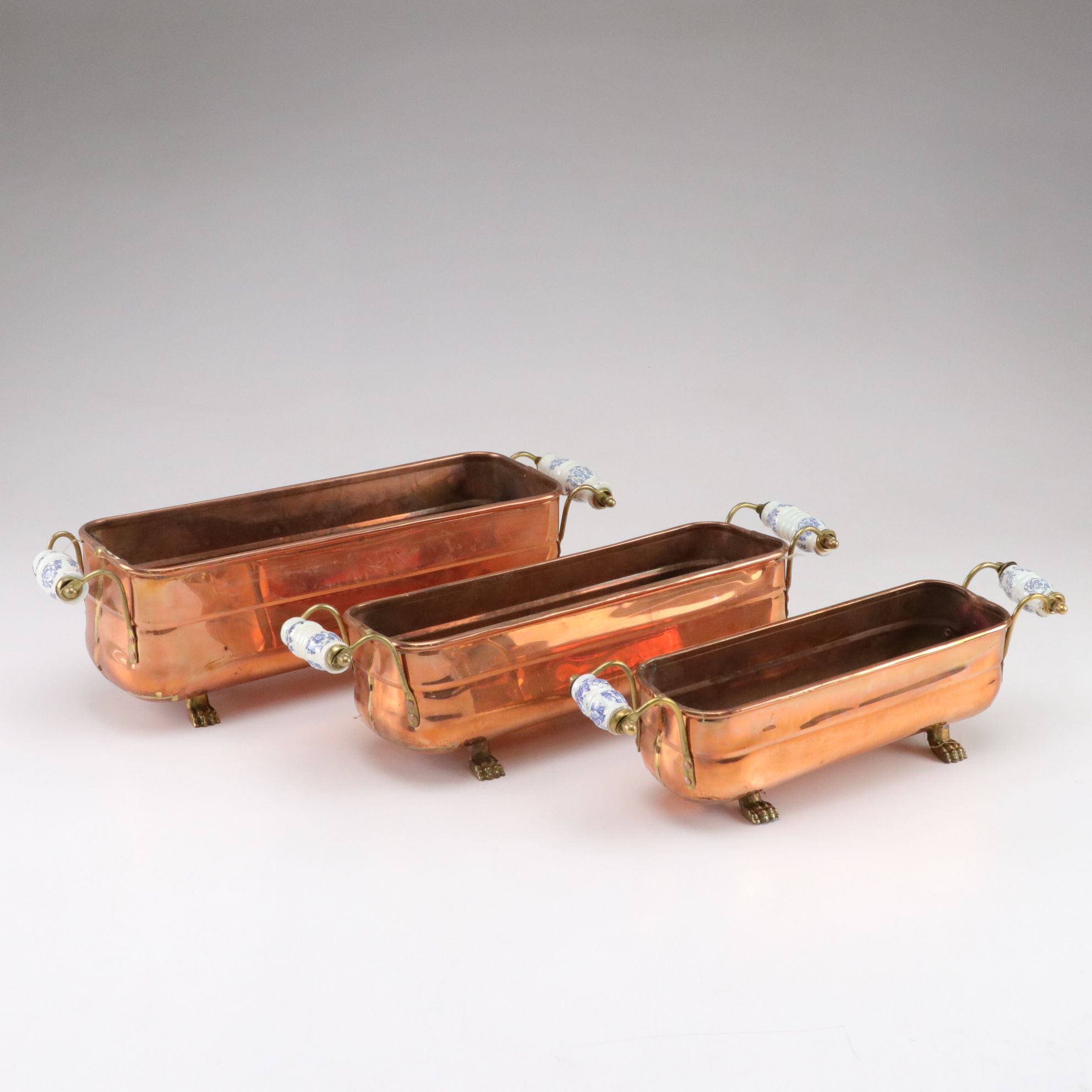 Nesting Copper and Brass Footed Planters with Dutch Style Ceramic Handles