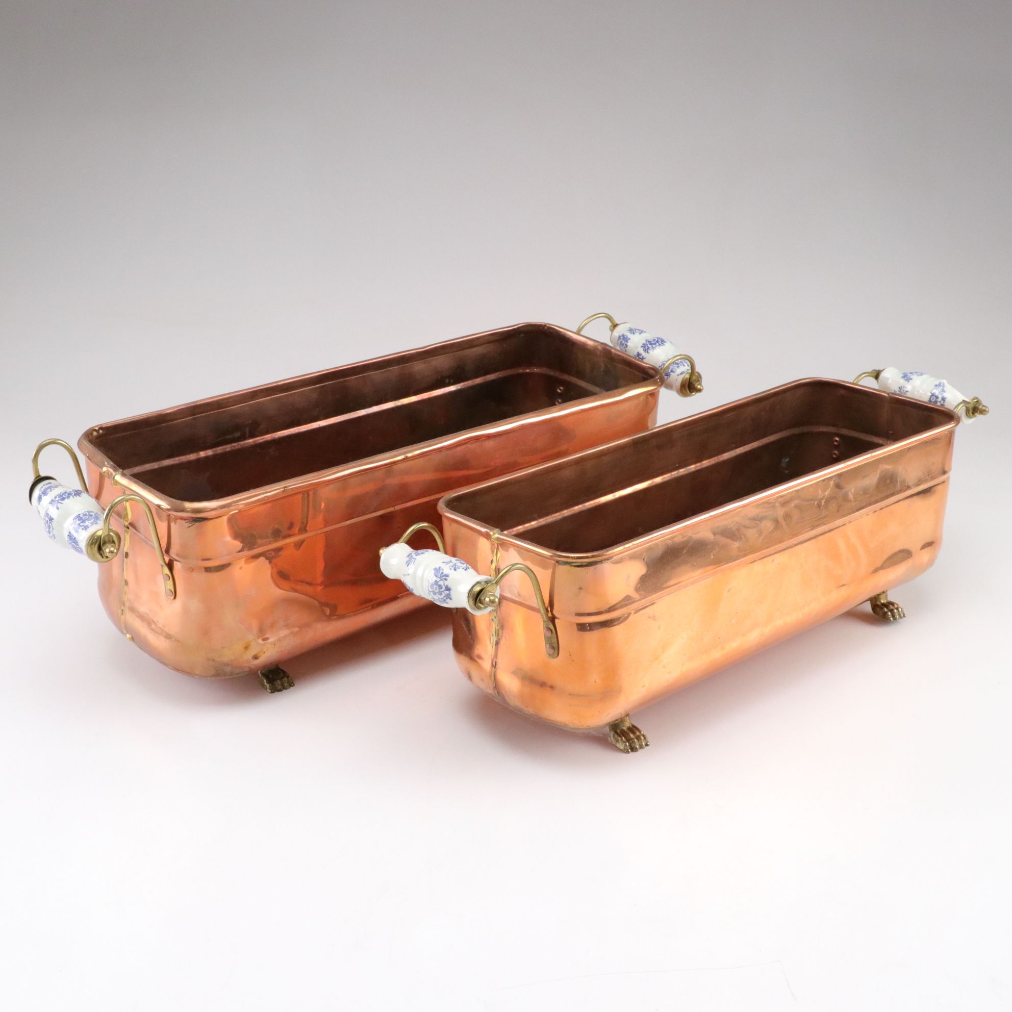Nesting Copper and Brass Footed Planters with Dutch Style Ceramic Handles