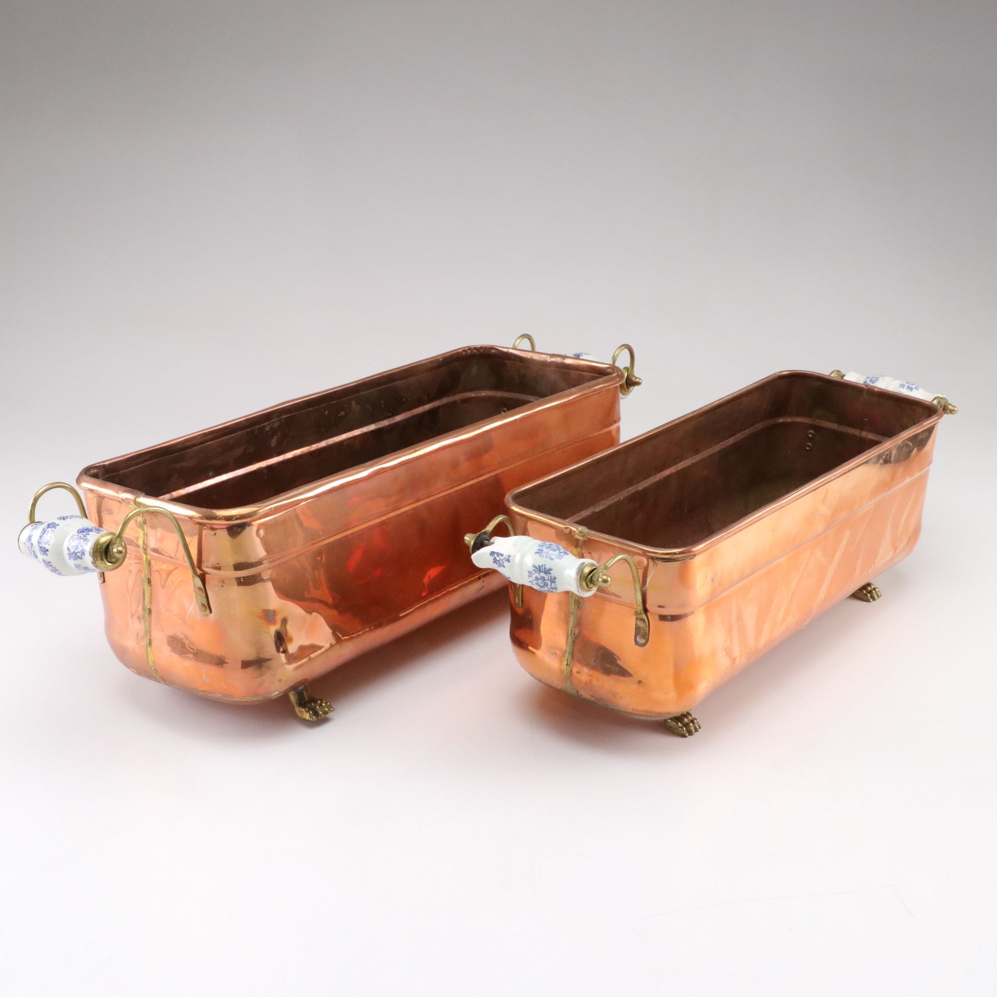 Nesting Copper and Brass Footed Planters with Dutch Style Ceramic Handles