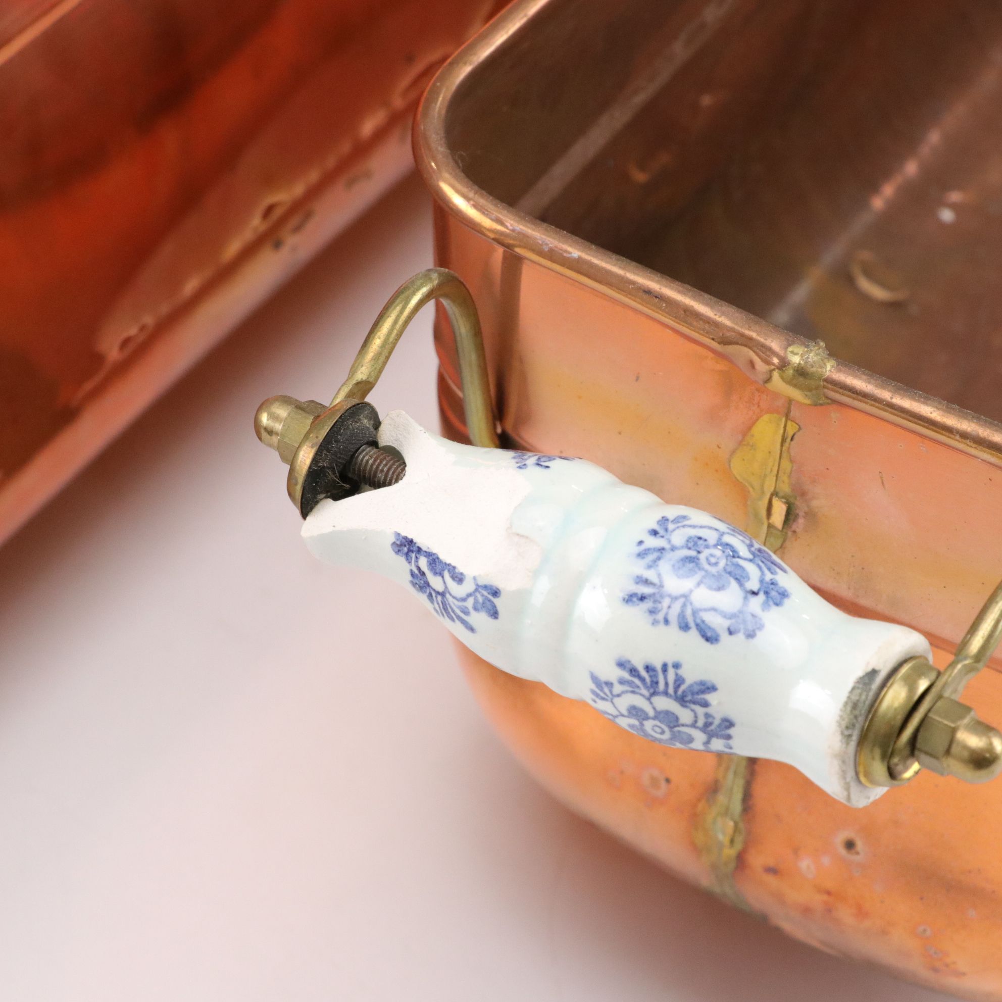 Nesting Copper and Brass Footed Planters with Dutch Style Ceramic Handles