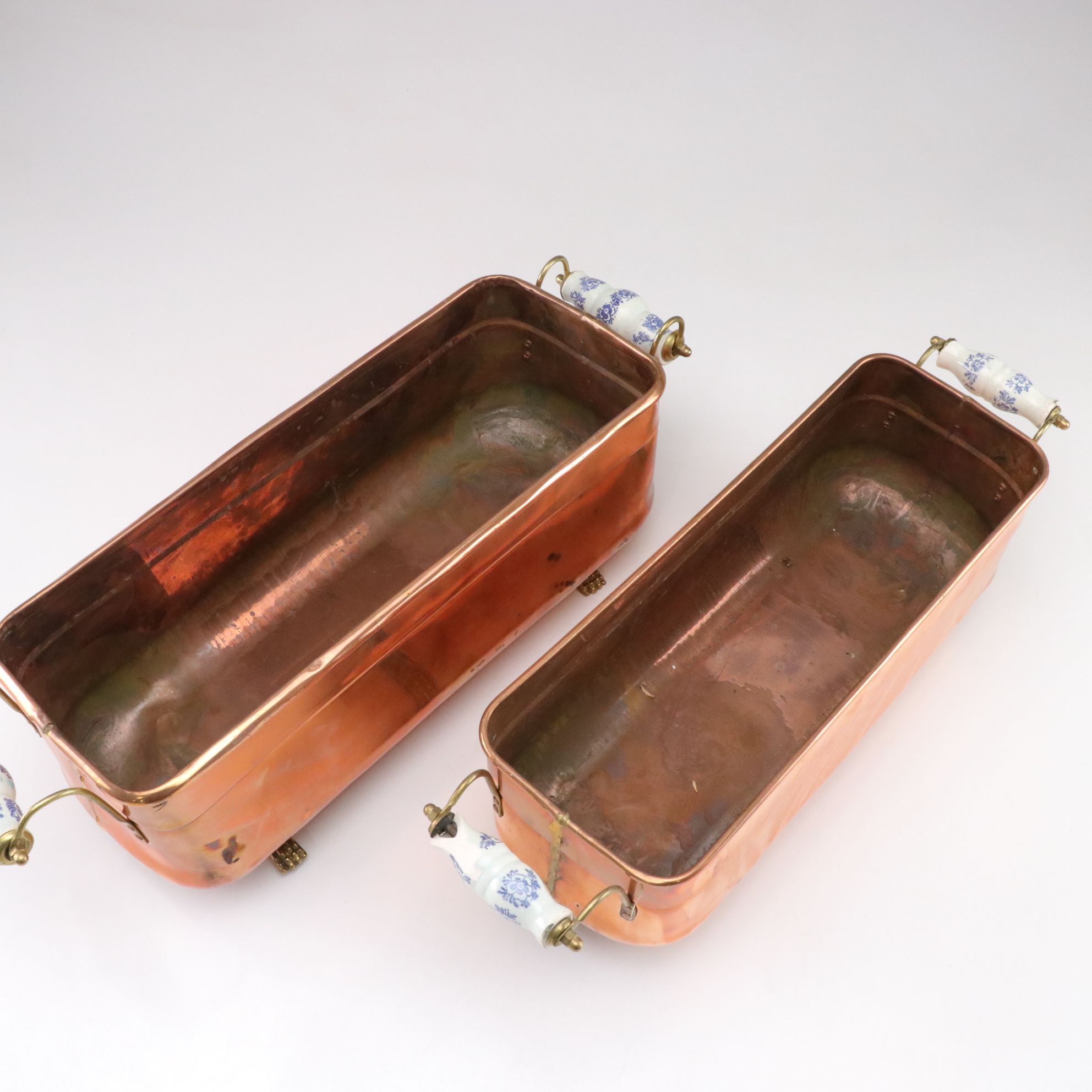 Nesting Copper and Brass Footed Planters with Dutch Style Ceramic Handles